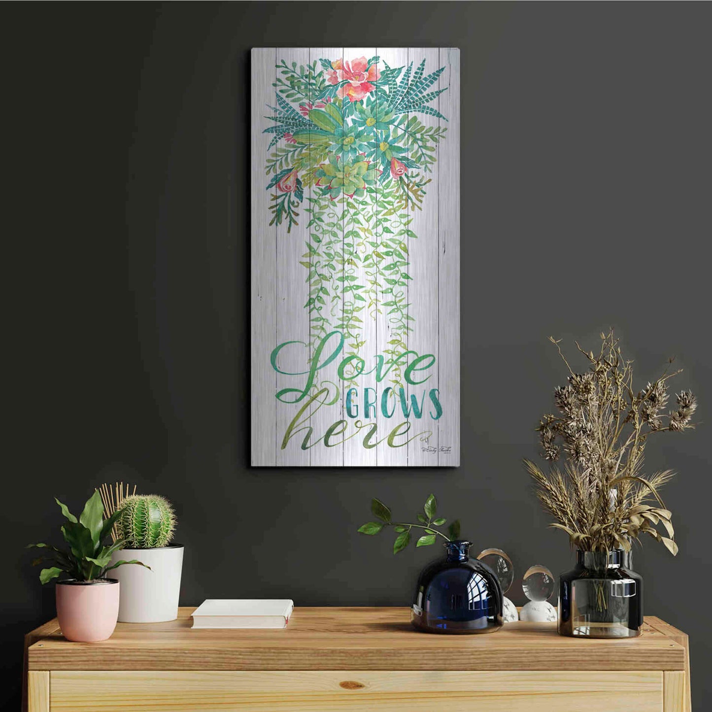 Luxe Metal Art 'Love Grows Hanging Plant' by Cindy Jacobs, Metal Wall Art,12x24