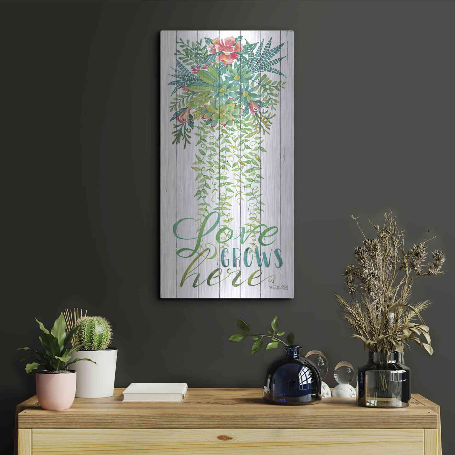 Luxe Metal Art 'Love Grows Hanging Plant' by Cindy Jacobs, Metal Wall Art,12x24