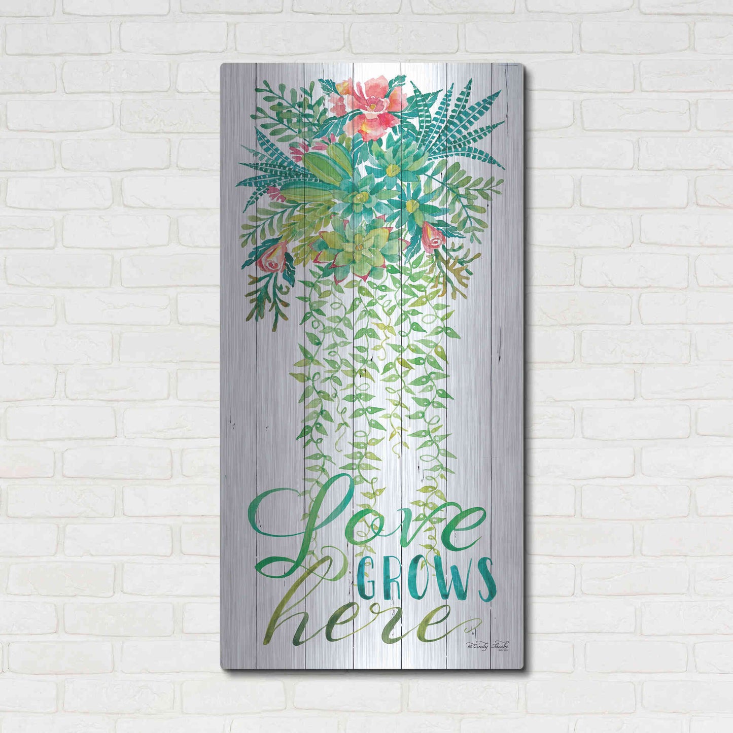 Luxe Metal Art 'Love Grows Hanging Plant' by Cindy Jacobs, Metal Wall Art,24x48