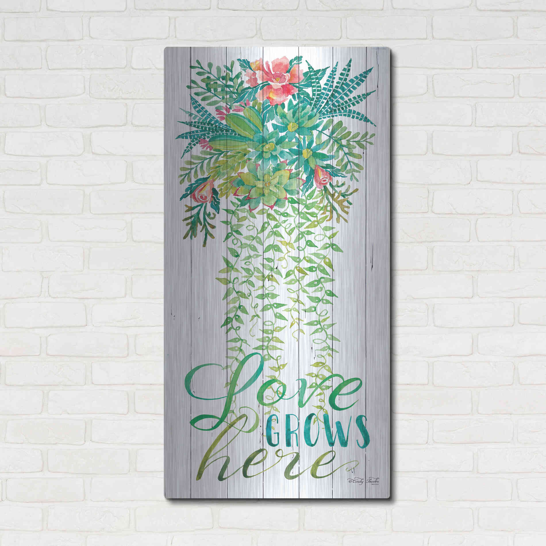 Luxe Metal Art 'Love Grows Hanging Plant' by Cindy Jacobs, Metal Wall Art,24x48