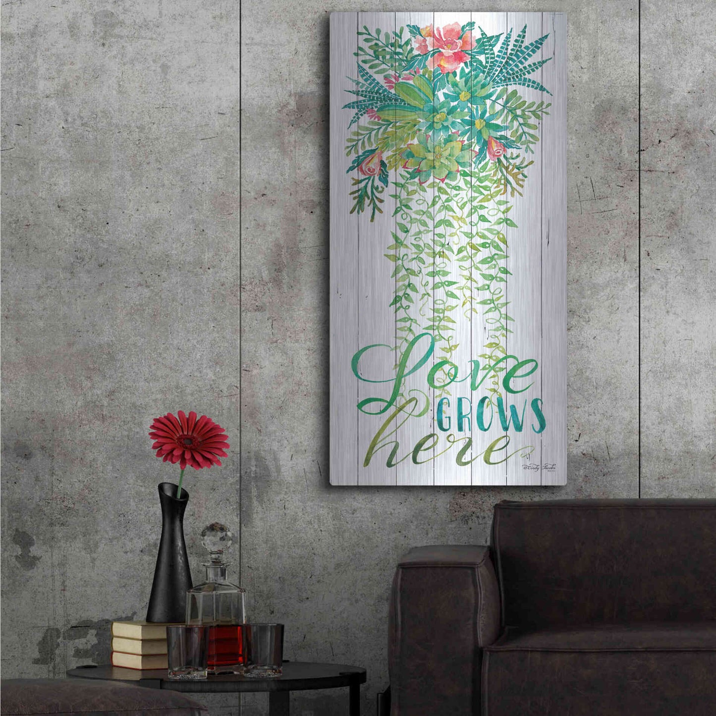 Luxe Metal Art 'Love Grows Hanging Plant' by Cindy Jacobs, Metal Wall Art,24x48