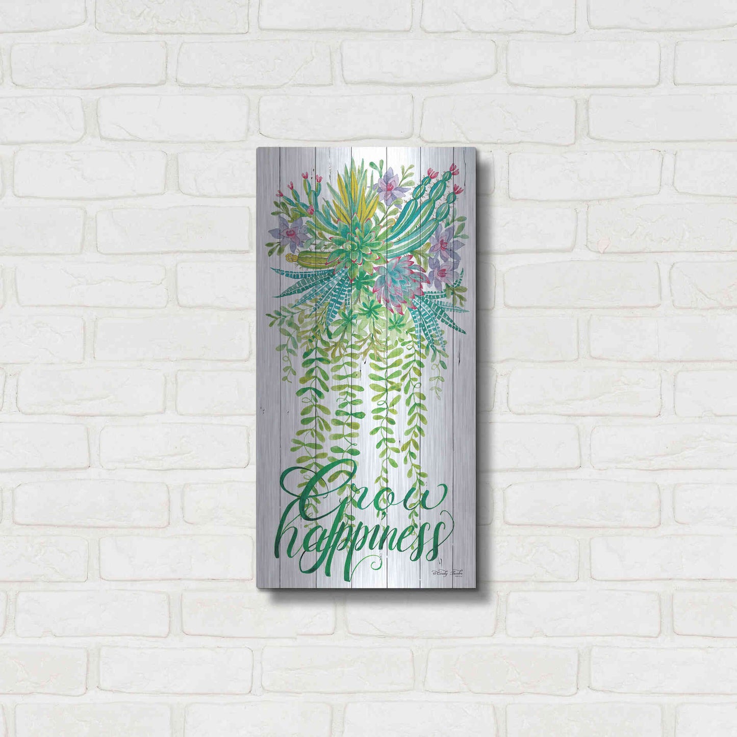 Luxe Metal Art 'Grow Happiness Hanging Plant' by Cindy Jacobs, Metal Wall Art,12x24