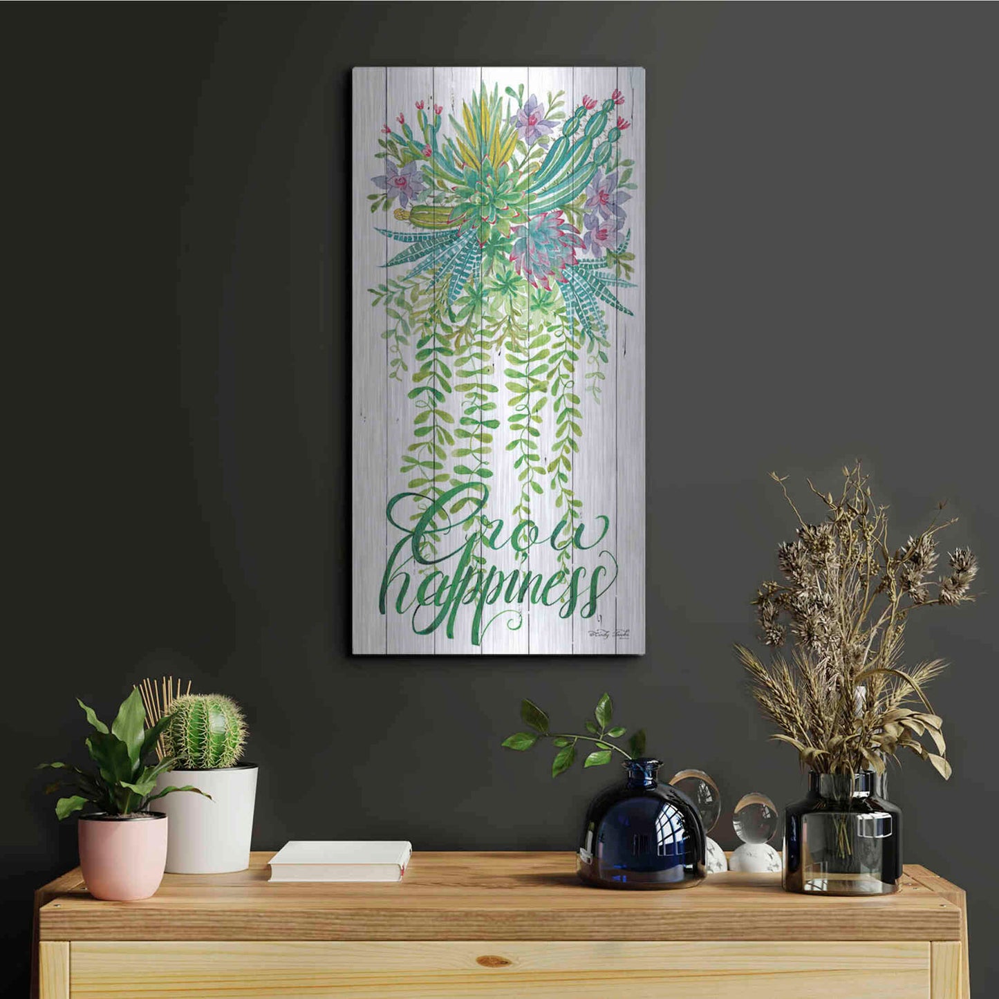 Luxe Metal Art 'Grow Happiness Hanging Plant' by Cindy Jacobs, Metal Wall Art,12x24