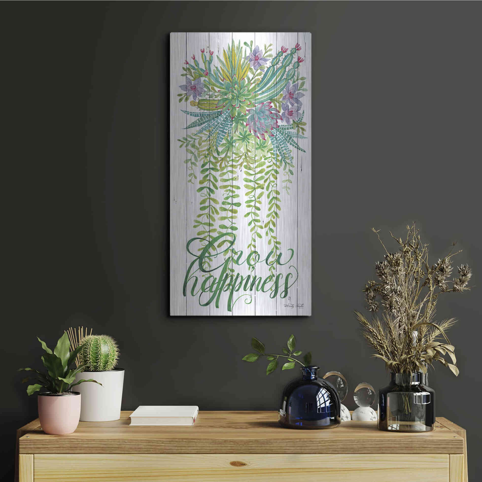 Luxe Metal Art 'Grow Happiness Hanging Plant' by Cindy Jacobs, Metal Wall Art,12x24