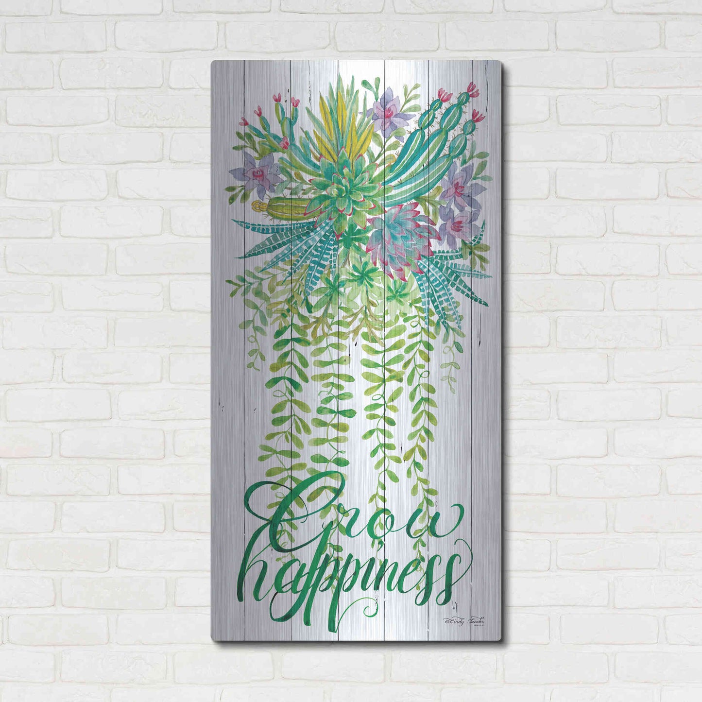 Luxe Metal Art 'Grow Happiness Hanging Plant' by Cindy Jacobs, Metal Wall Art,24x48