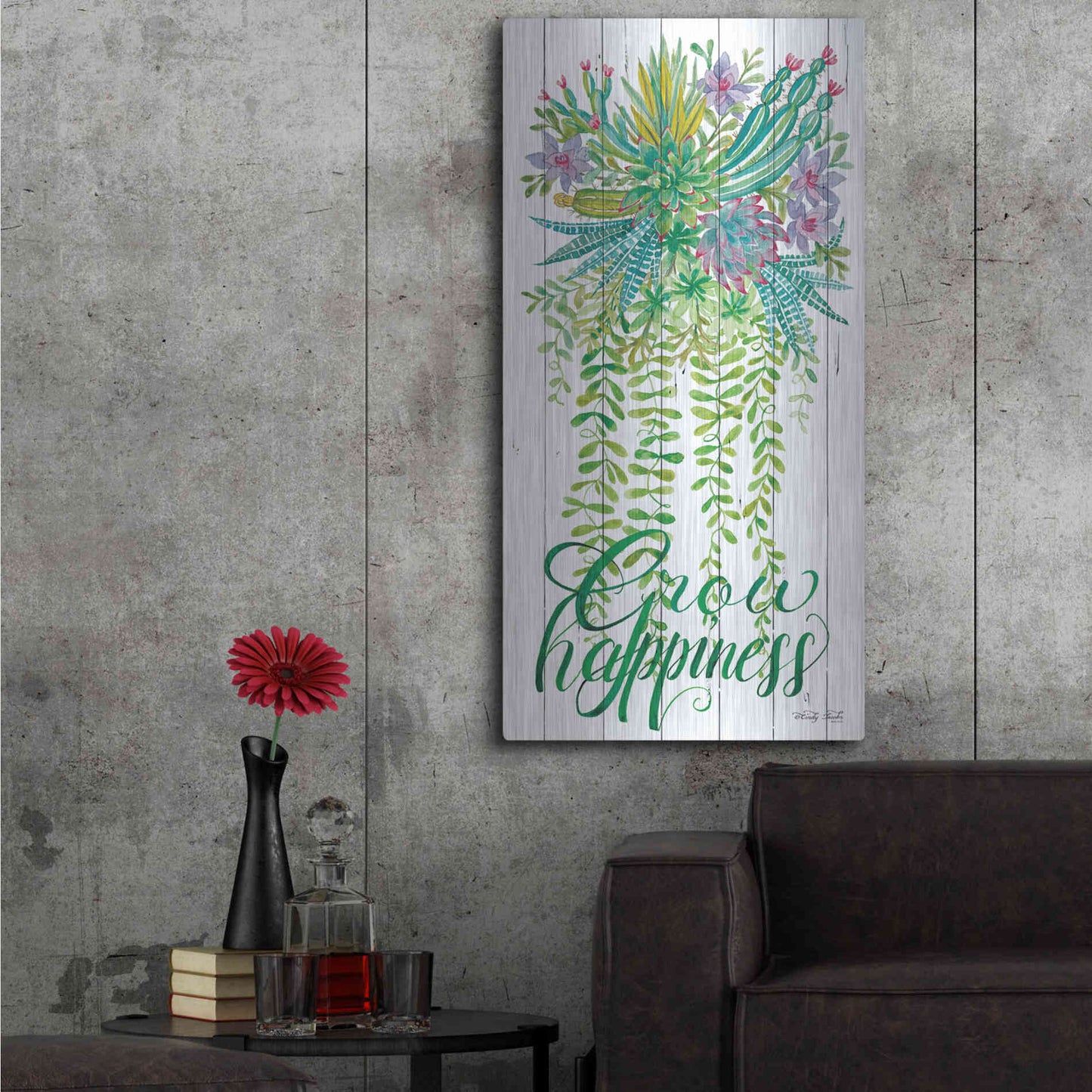 Luxe Metal Art 'Grow Happiness Hanging Plant' by Cindy Jacobs, Metal Wall Art,24x48