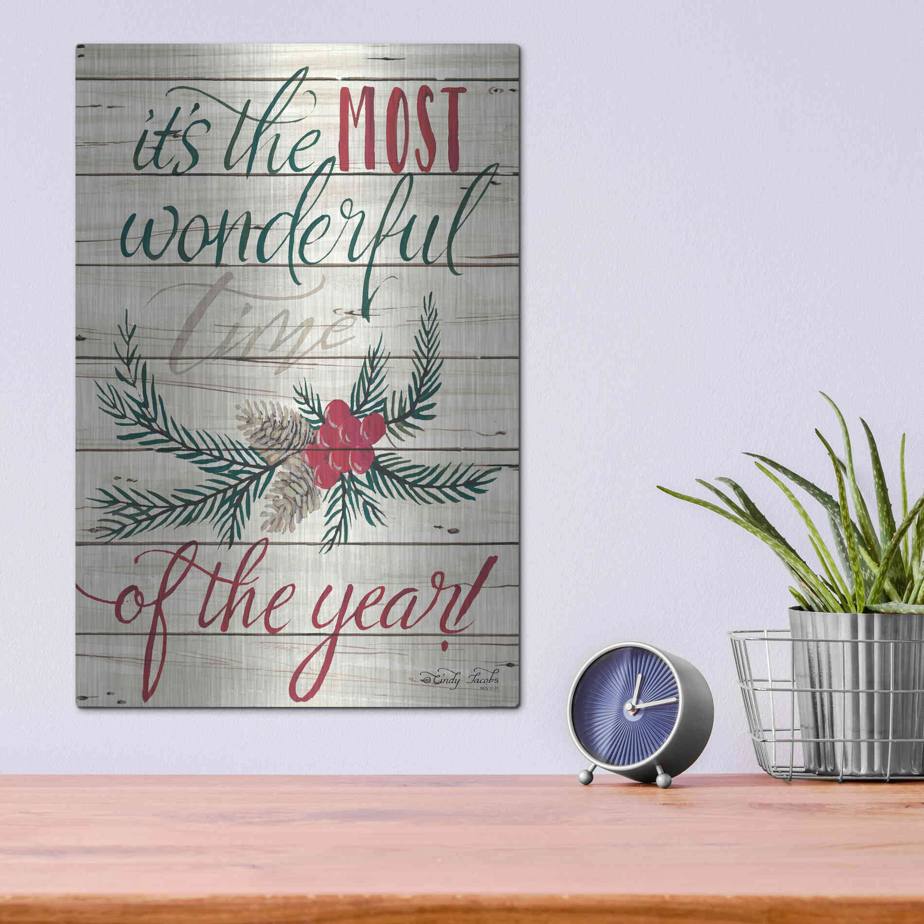 Luxe Metal Art 'The Most Wonderful Time Shiplap 2' by Cindy Jacobs, Metal Wall Art,12x16