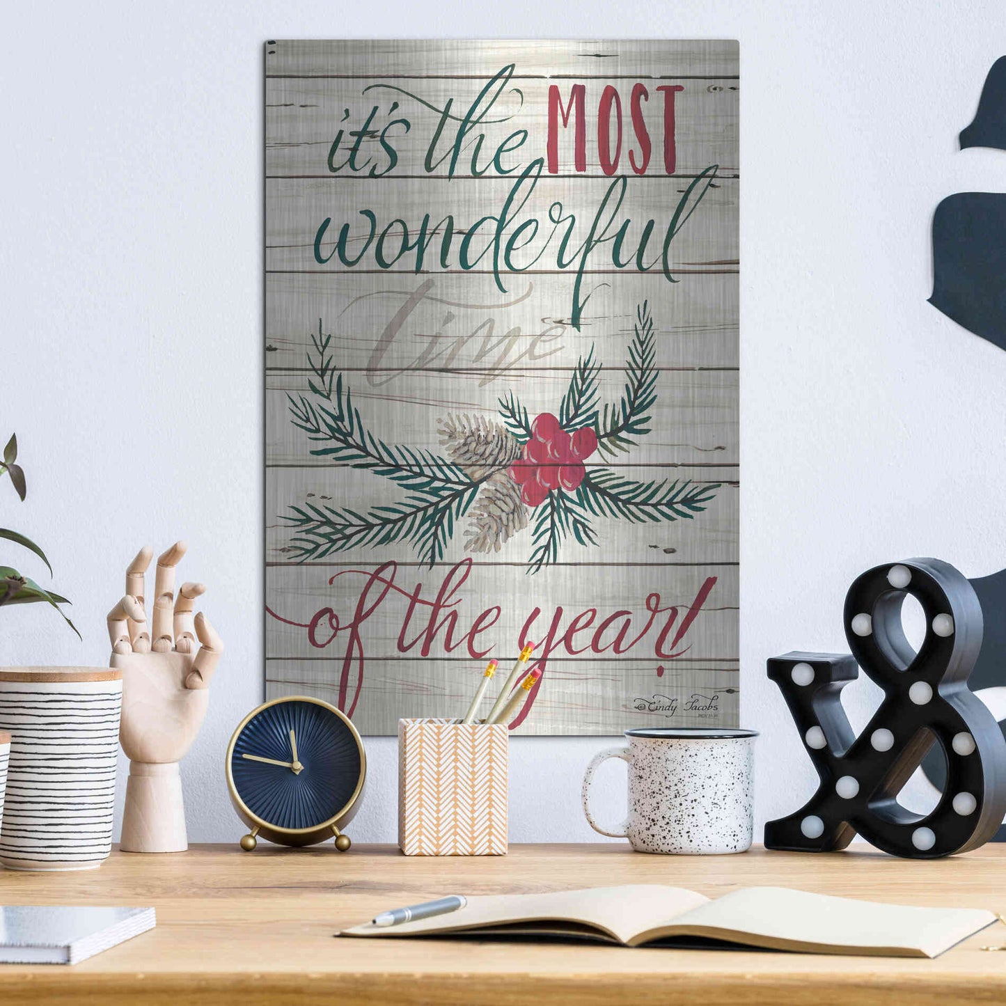 Luxe Metal Art 'The Most Wonderful Time Shiplap 2' by Cindy Jacobs, Metal Wall Art,12x16