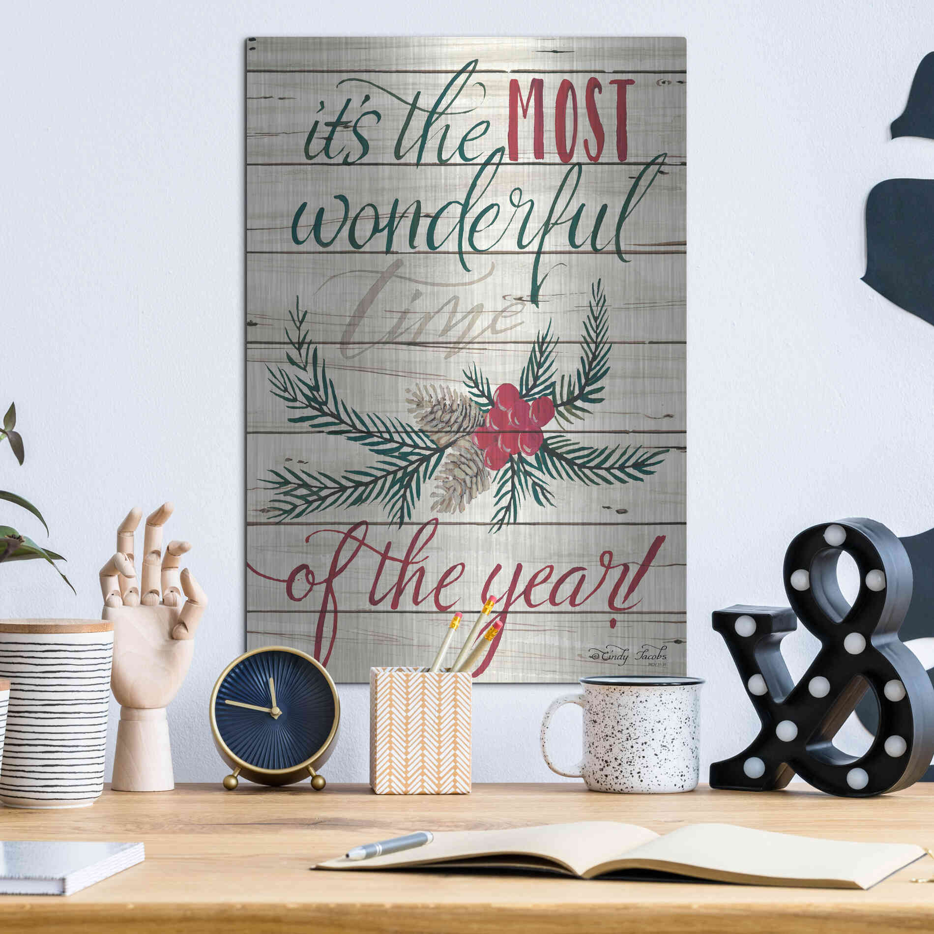 Luxe Metal Art 'The Most Wonderful Time Shiplap 2' by Cindy Jacobs, Metal Wall Art,12x16
