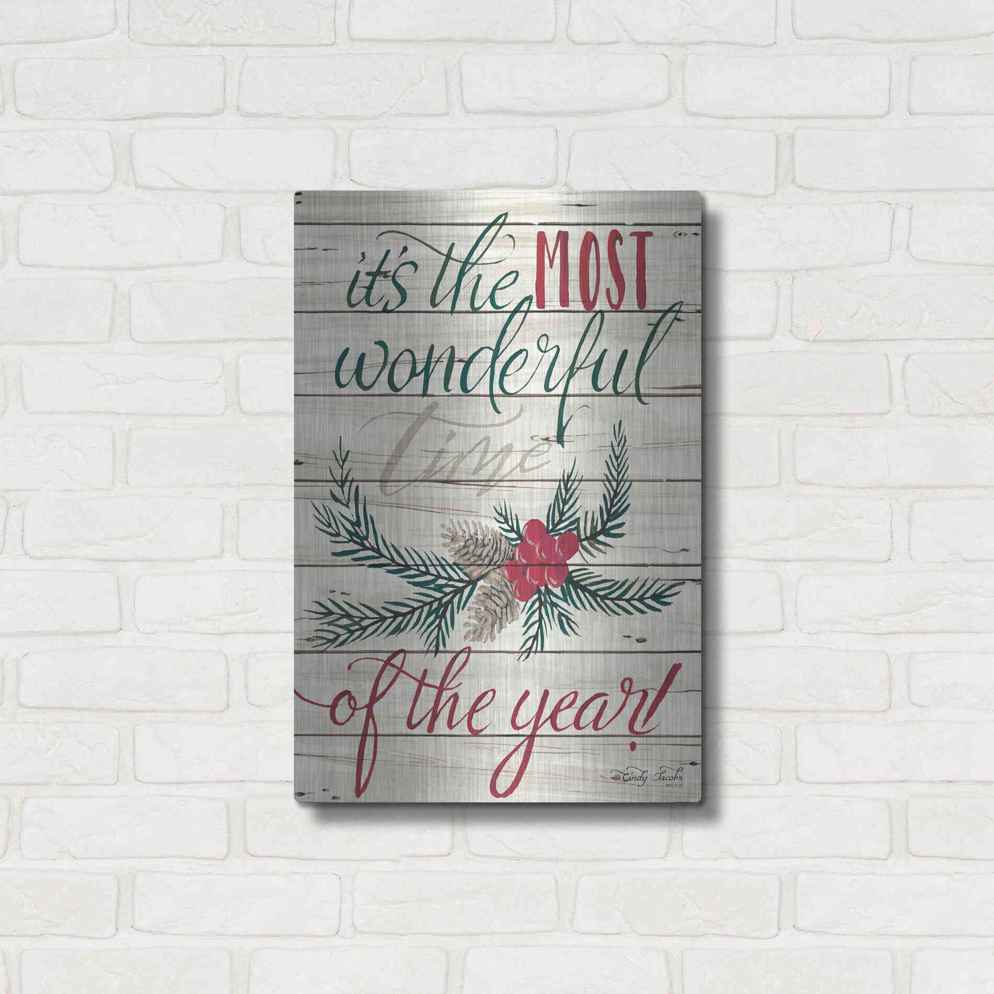 Luxe Metal Art 'The Most Wonderful Time Shiplap 2' by Cindy Jacobs, Metal Wall Art,16x24