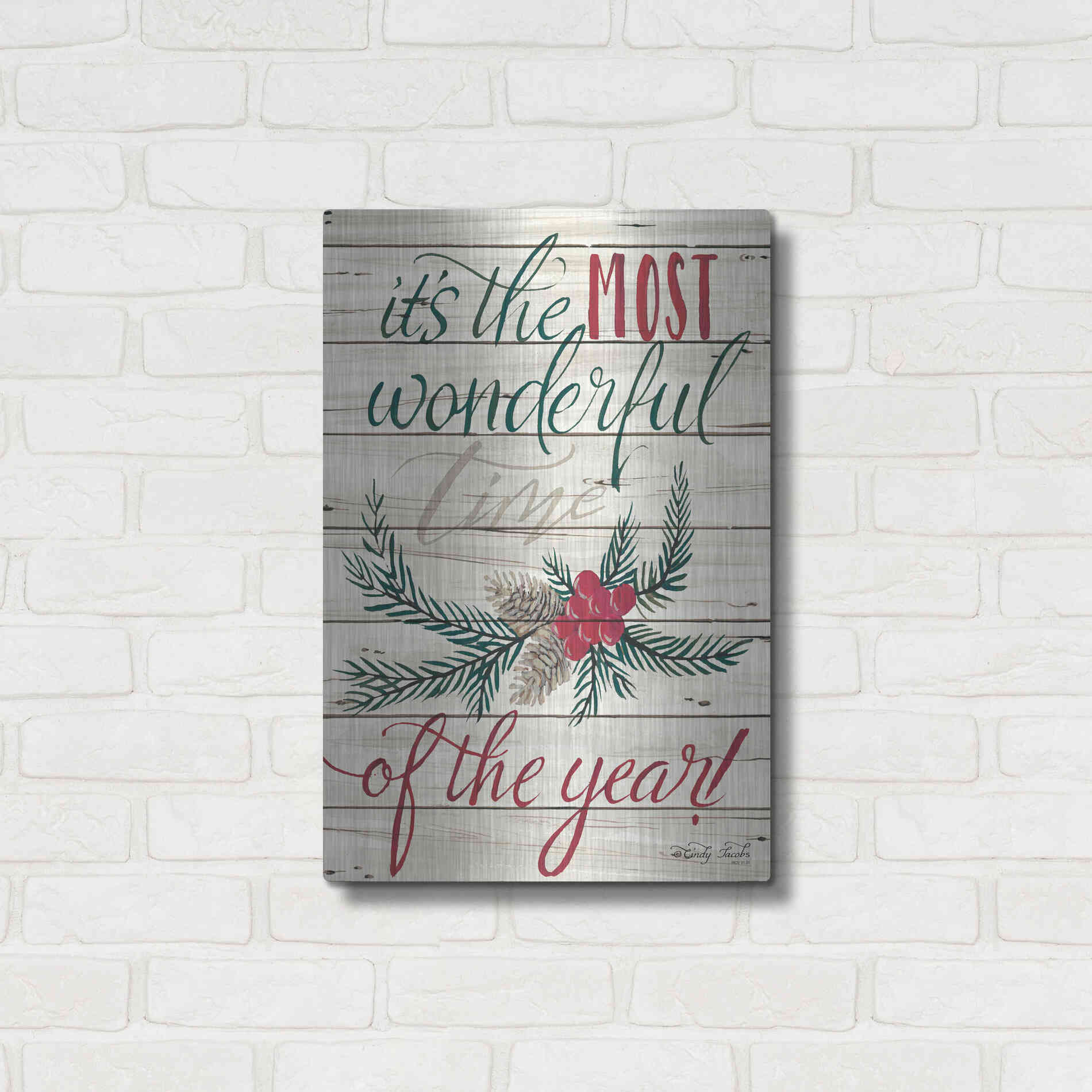 Luxe Metal Art 'The Most Wonderful Time Shiplap 2' by Cindy Jacobs, Metal Wall Art,16x24