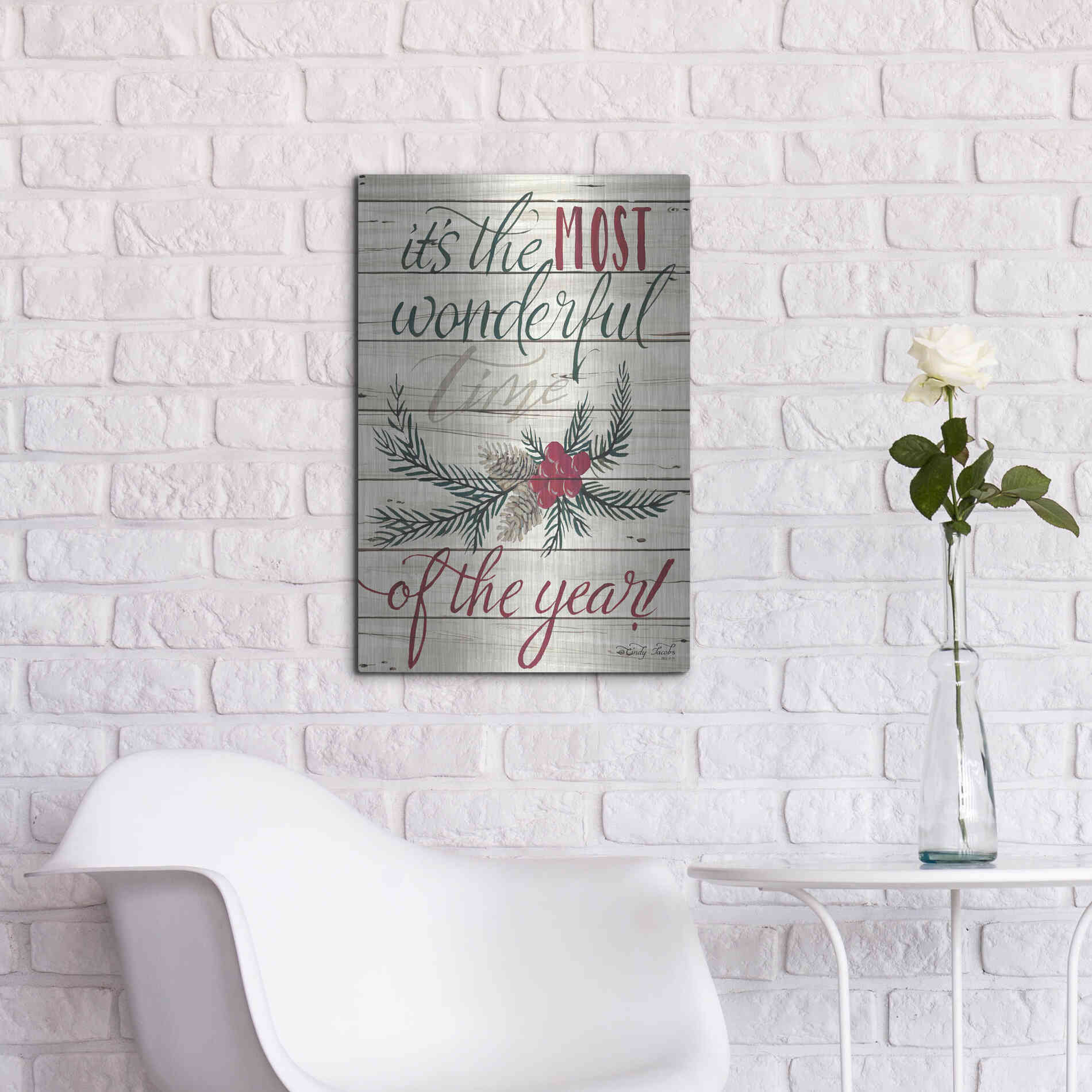 Luxe Metal Art 'The Most Wonderful Time Shiplap 2' by Cindy Jacobs, Metal Wall Art,16x24