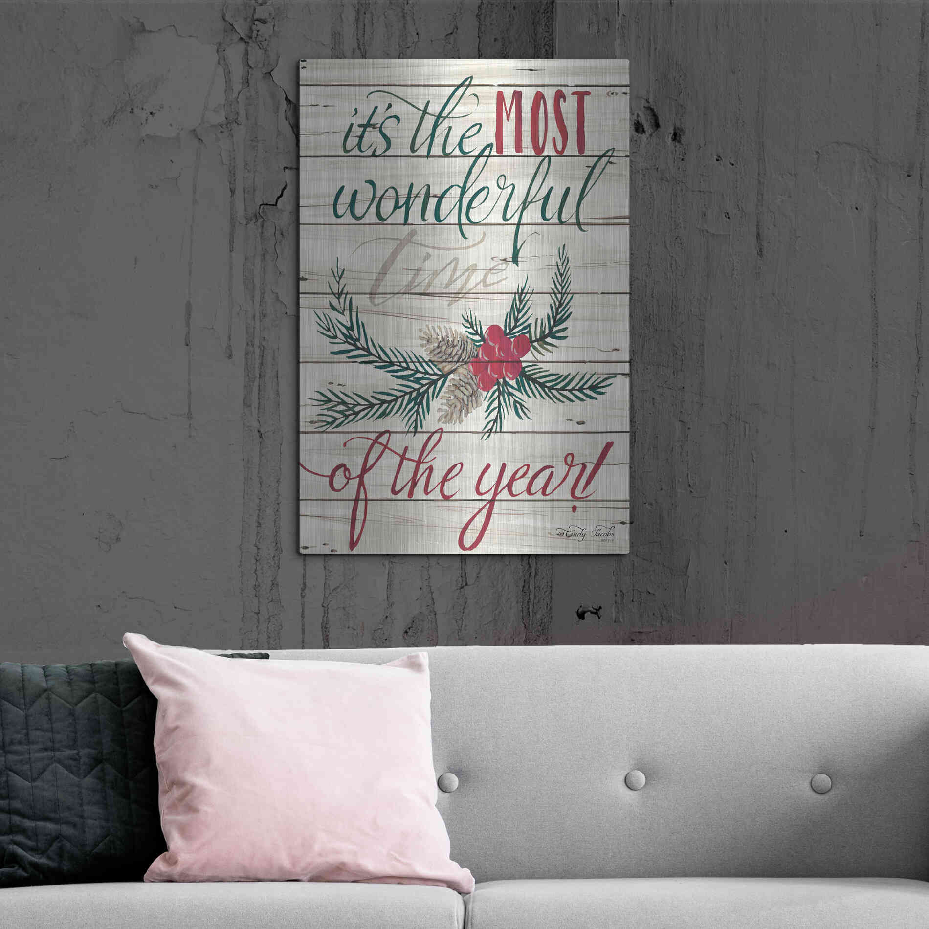 Luxe Metal Art 'The Most Wonderful Time Shiplap 2' by Cindy Jacobs, Metal Wall Art,24x36