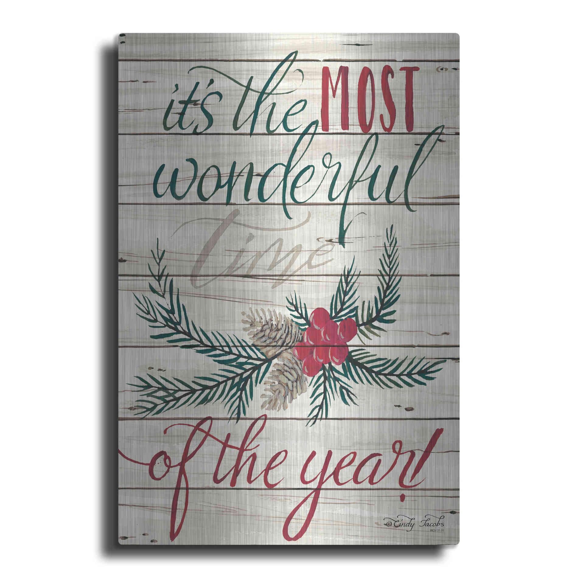 Luxe Metal Art 'The Most Wonderful Time Shiplap 2' by Cindy Jacobs, Metal Wall Art