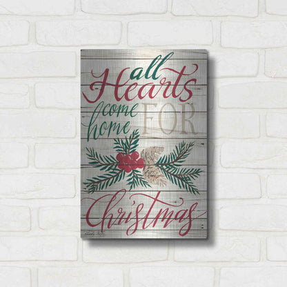 Luxe Metal Art 'All Hearts Come Home for Christmas Shiplap 2' by Cindy Jacobs, Metal Wall Art,12x16