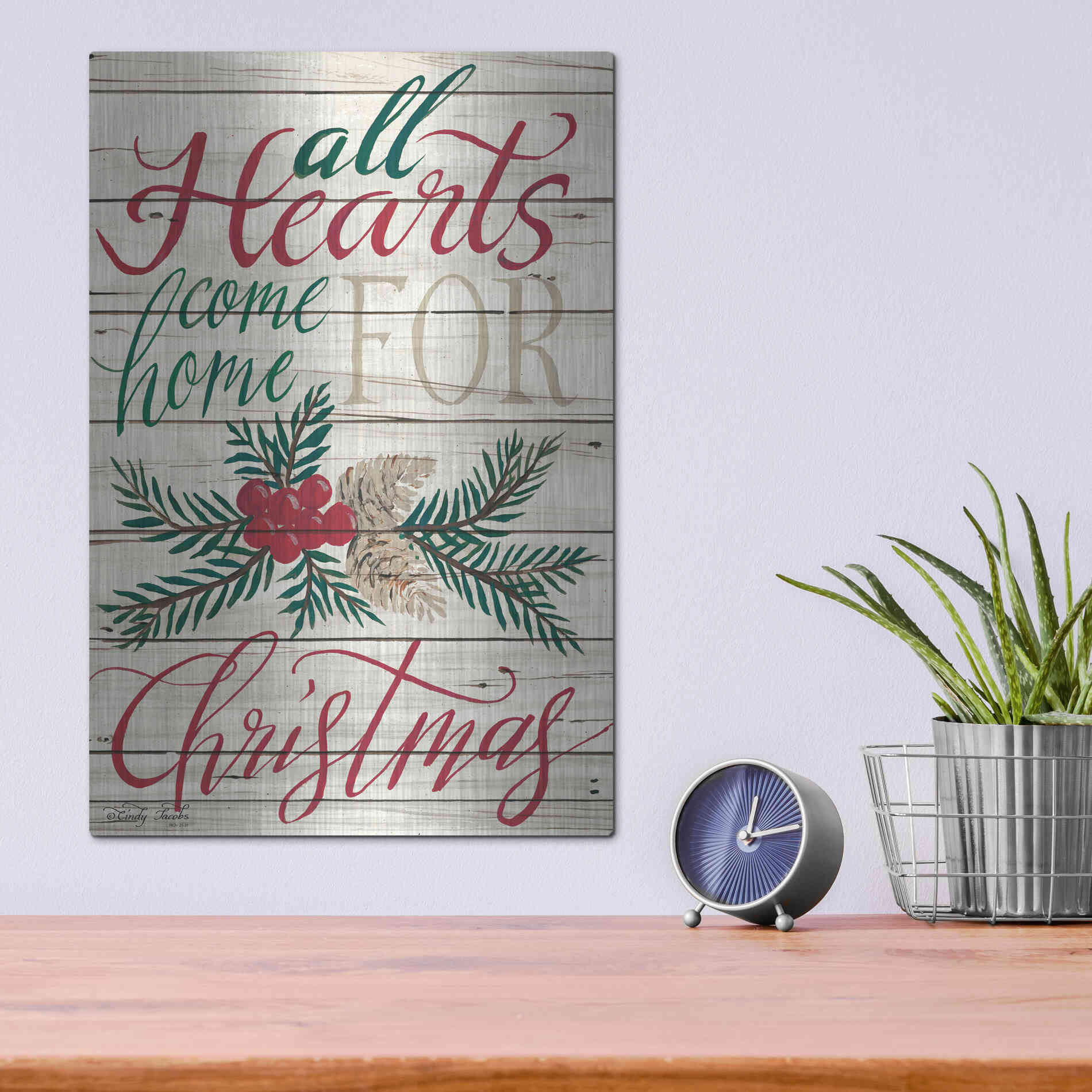 Luxe Metal Art 'All Hearts Come Home for Christmas Shiplap 2' by Cindy Jacobs, Metal Wall Art,12x16