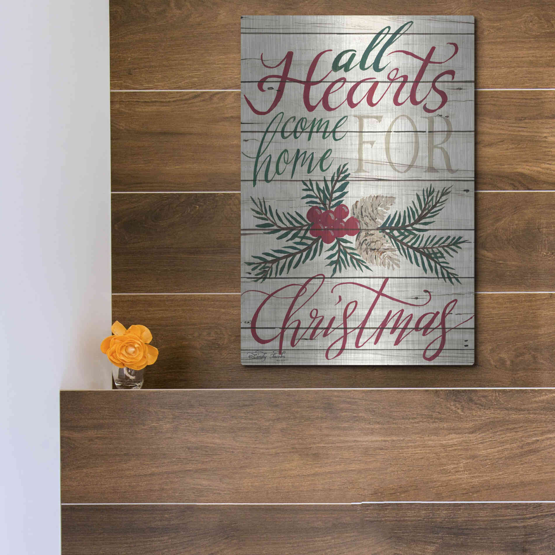 Luxe Metal Art 'All Hearts Come Home for Christmas Shiplap 2' by Cindy Jacobs, Metal Wall Art,12x16