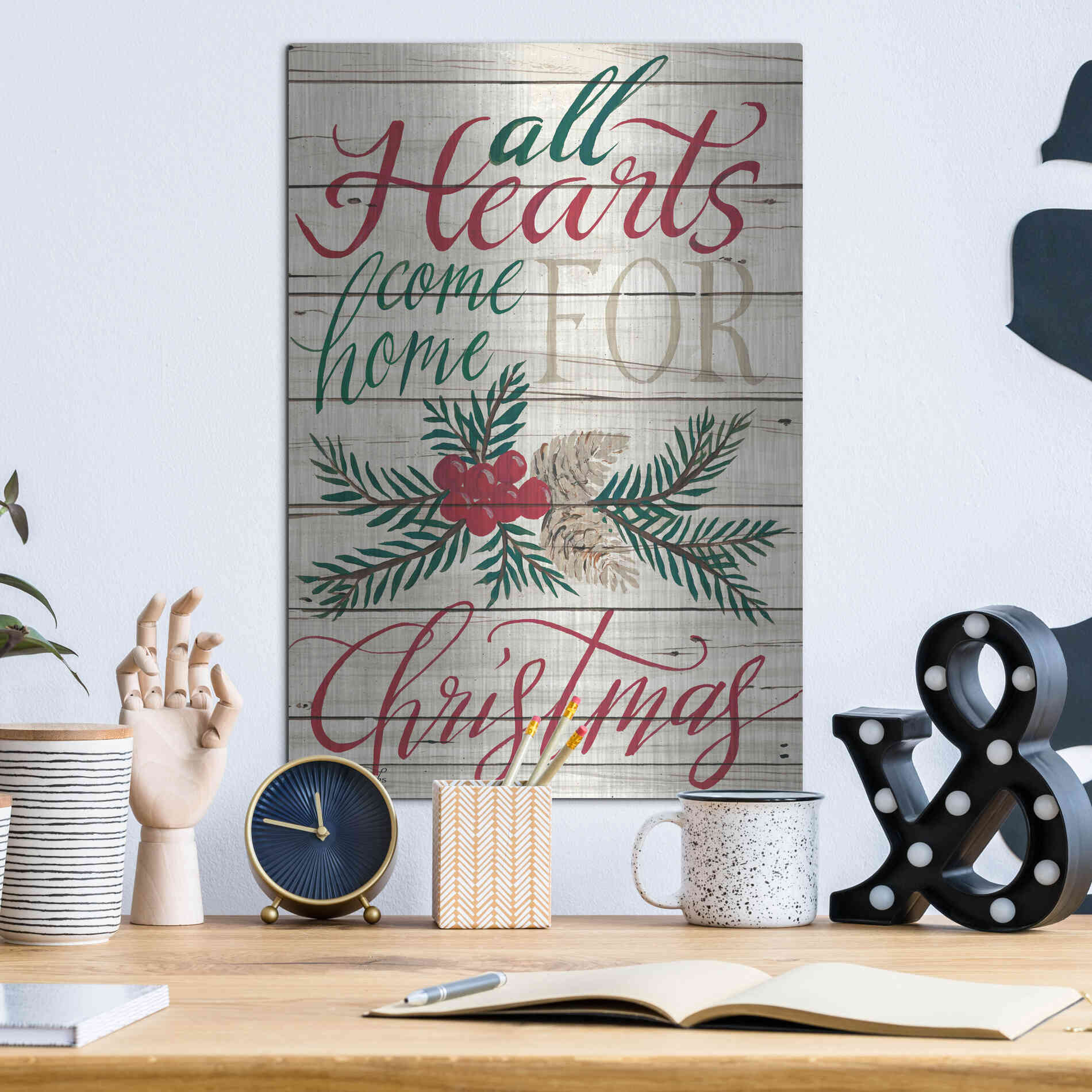 Luxe Metal Art 'All Hearts Come Home for Christmas Shiplap 2' by Cindy Jacobs, Metal Wall Art,12x16