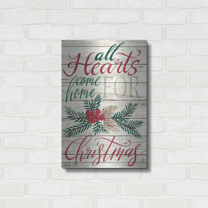 Luxe Metal Art 'All Hearts Come Home for Christmas Shiplap 2' by Cindy Jacobs, Metal Wall Art,16x24