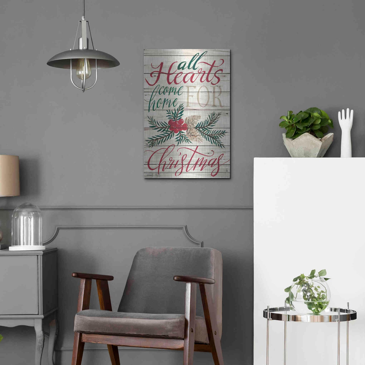 Luxe Metal Art 'All Hearts Come Home for Christmas Shiplap 2' by Cindy Jacobs, Metal Wall Art,16x24