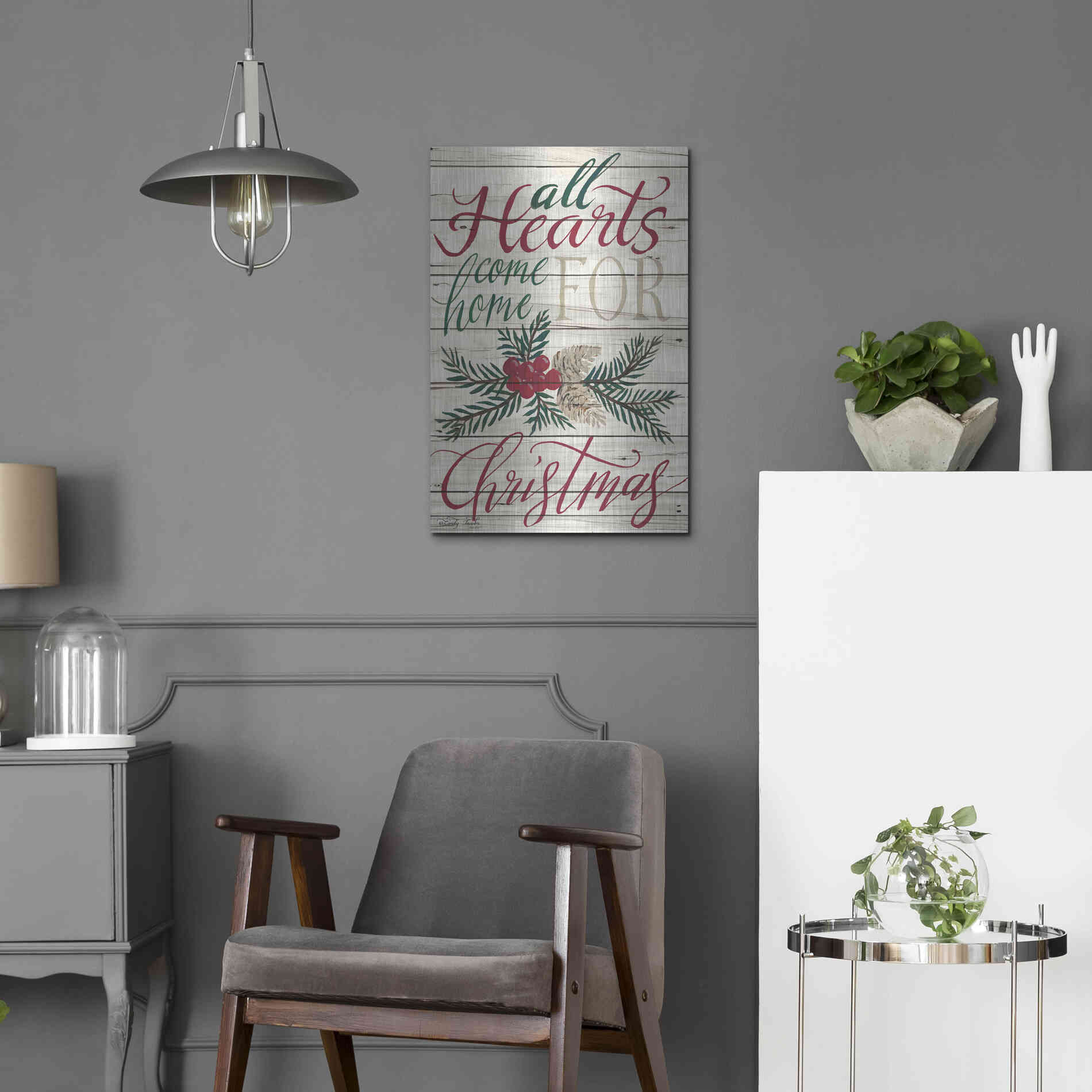 Luxe Metal Art 'All Hearts Come Home for Christmas Shiplap 2' by Cindy Jacobs, Metal Wall Art,16x24