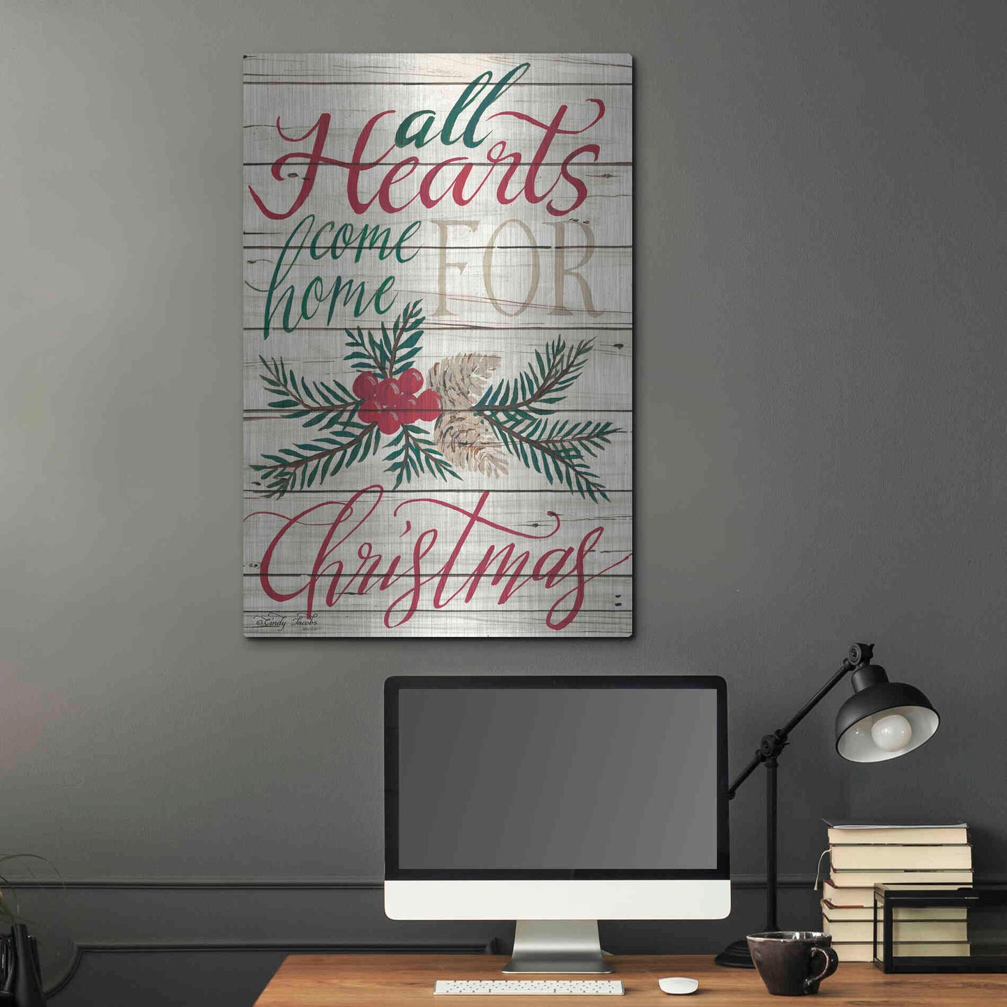 Luxe Metal Art 'All Hearts Come Home for Christmas Shiplap 2' by Cindy Jacobs, Metal Wall Art,24x36
