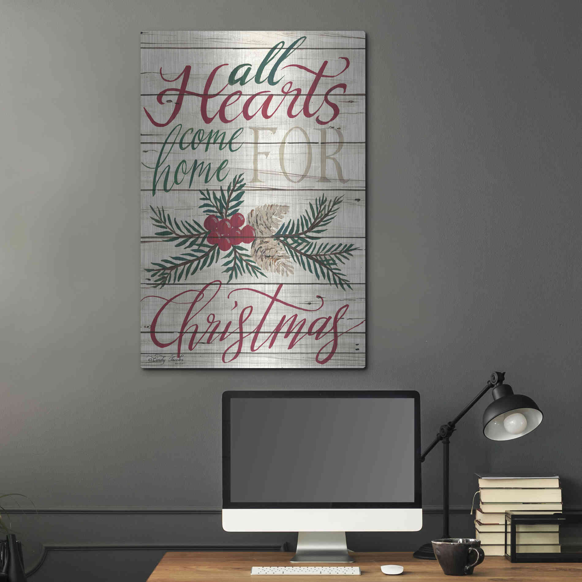 Luxe Metal Art 'All Hearts Come Home for Christmas Shiplap 2' by Cindy Jacobs, Metal Wall Art,24x36