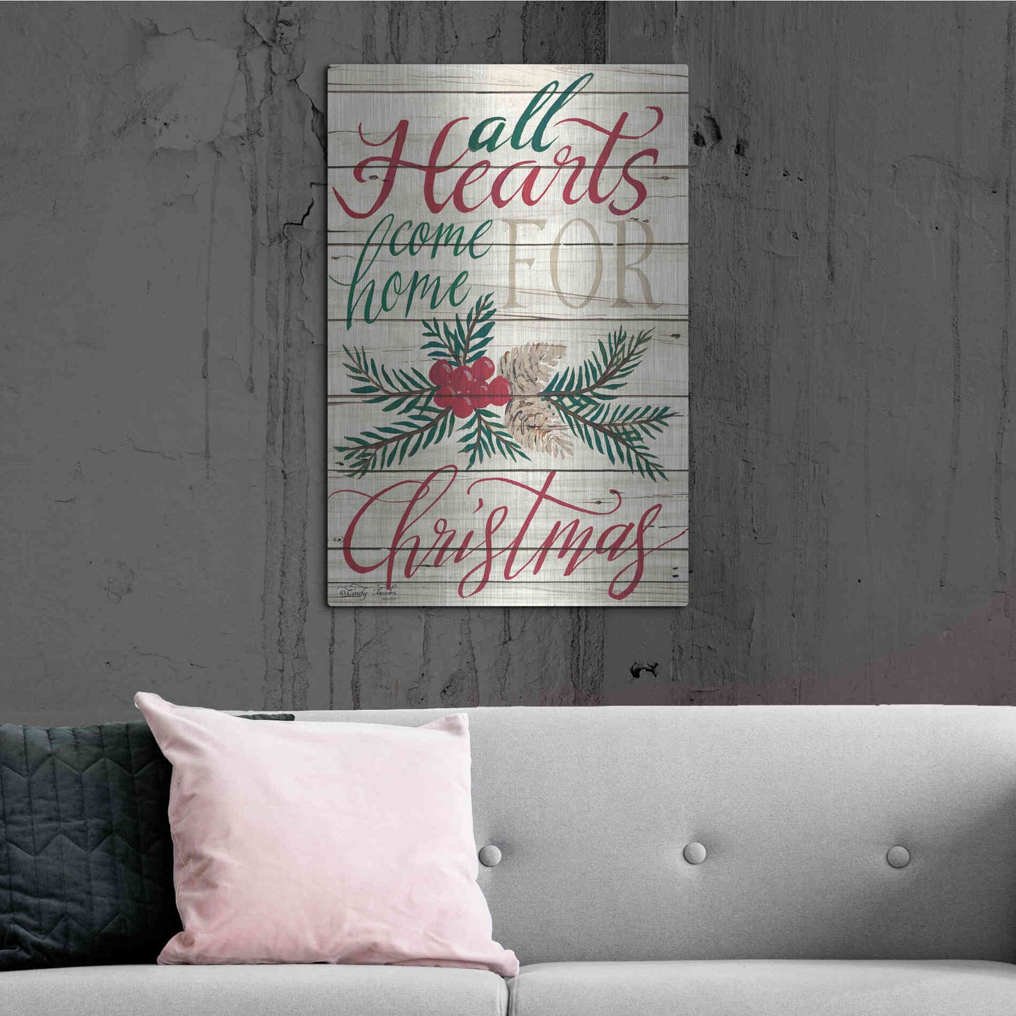 Luxe Metal Art 'All Hearts Come Home for Christmas Shiplap 2' by Cindy Jacobs, Metal Wall Art,24x36
