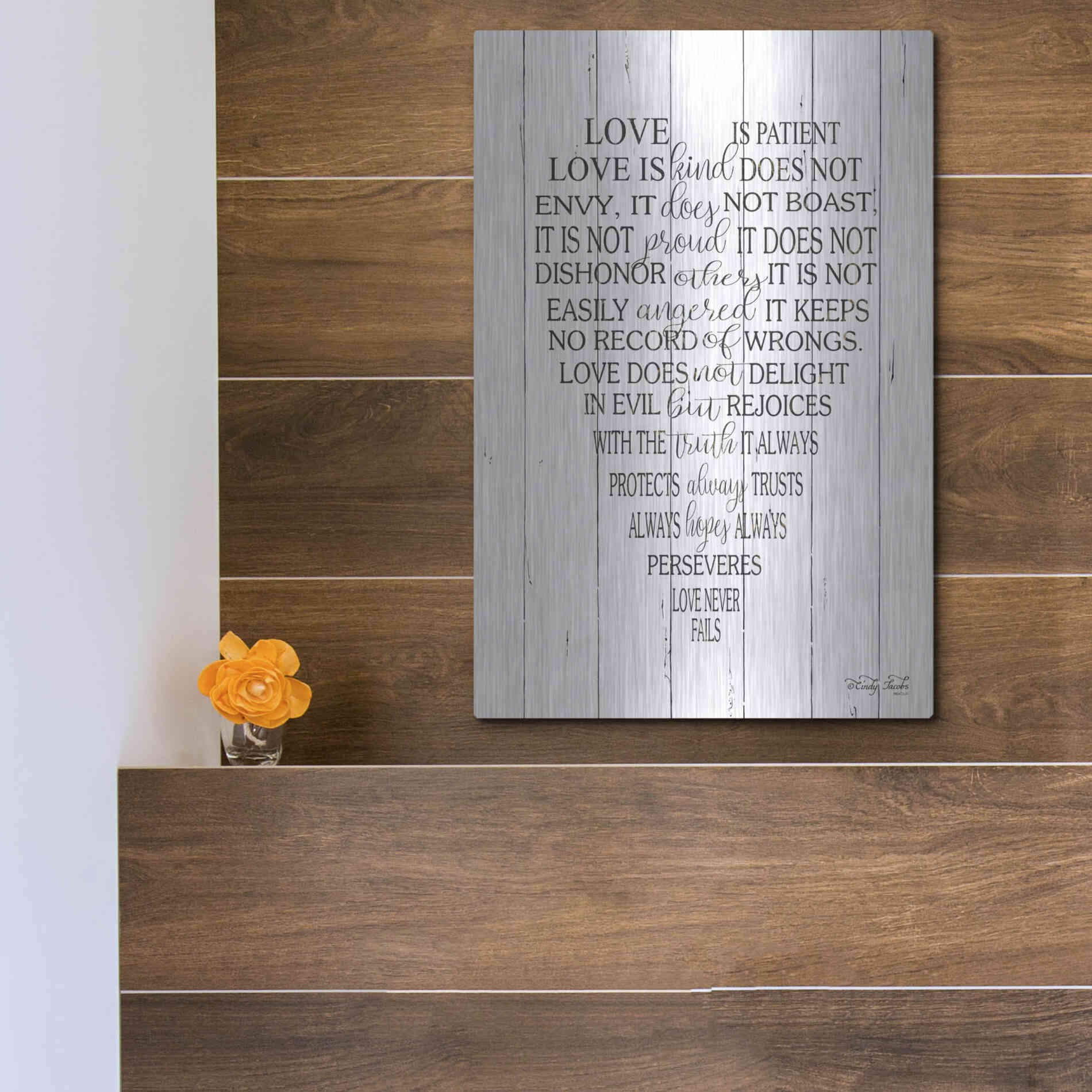 Luxe Metal Art 'Love is Patient II' by Cindy Jacobs, Metal Wall Art,12x16