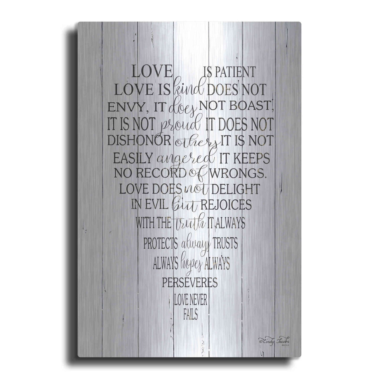 Luxe Metal Art 'Love is Patient II' by Cindy Jacobs, Metal Wall Art
