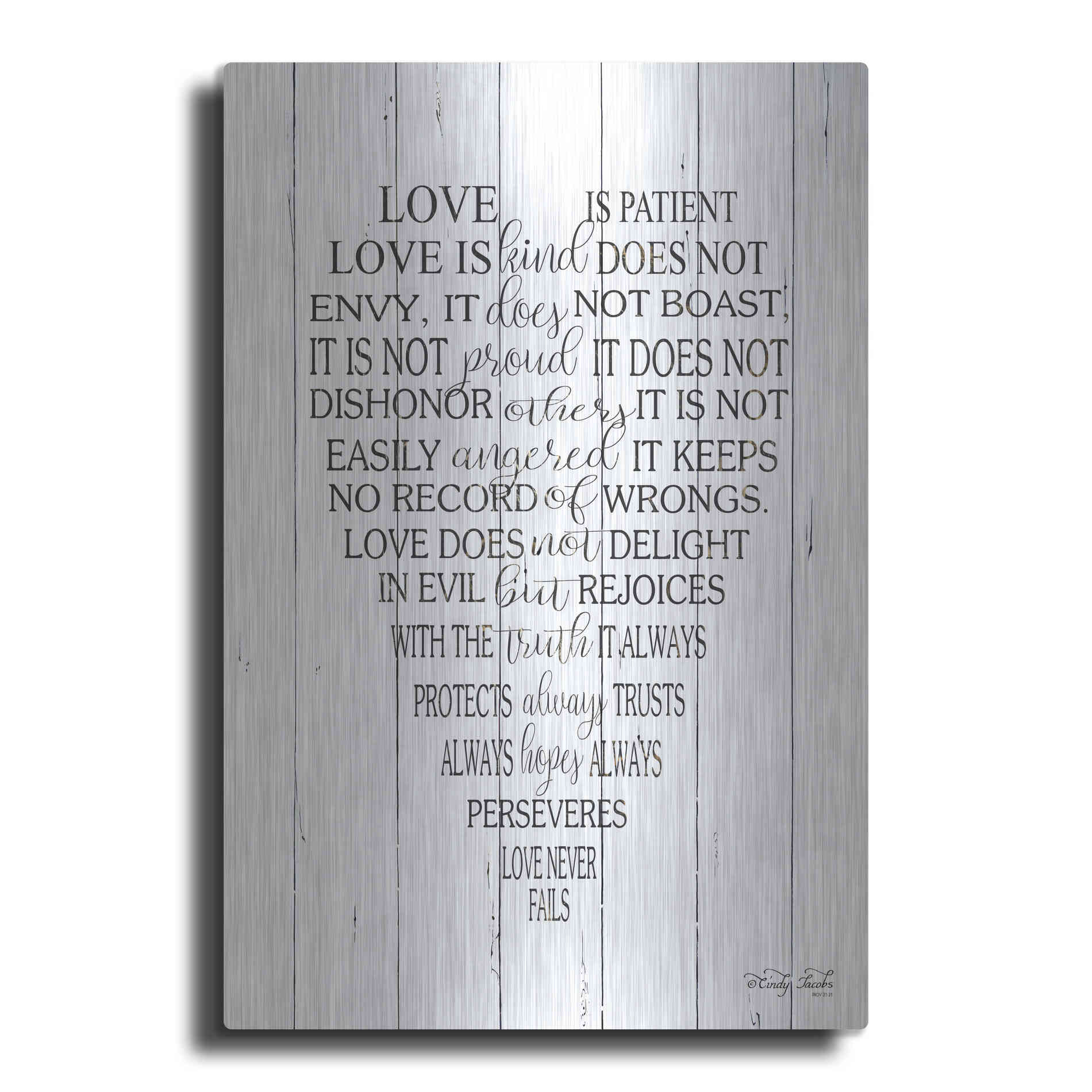 Luxe Metal Art 'Love is Patient II' by Cindy Jacobs, Metal Wall Art