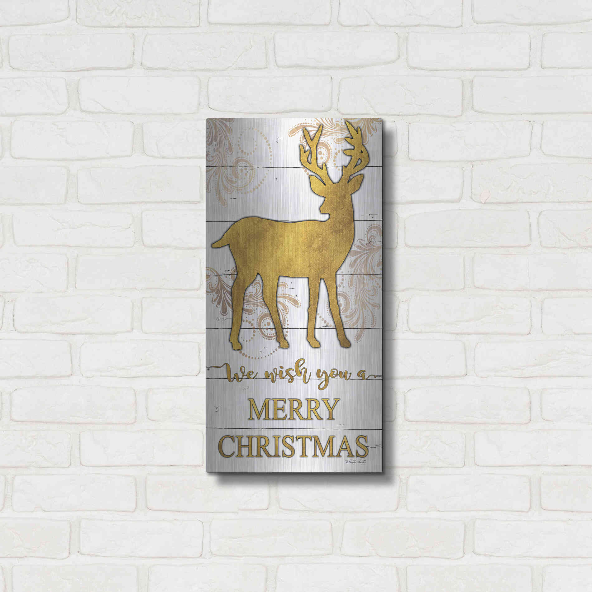 Luxe Metal Art 'Reindeer Merry Christmas' by Cindy Jacobs, Metal Wall Art,12x24