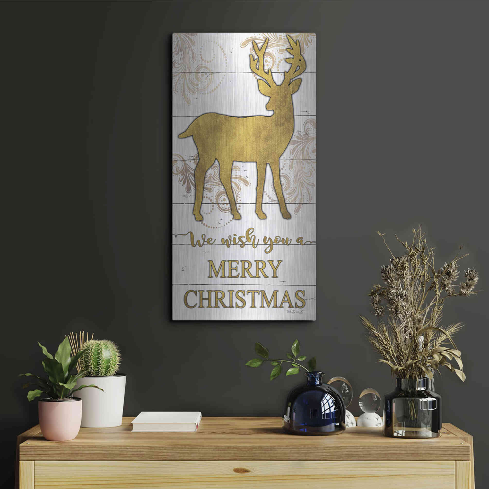 Luxe Metal Art 'Reindeer Merry Christmas' by Cindy Jacobs, Metal Wall Art,12x24