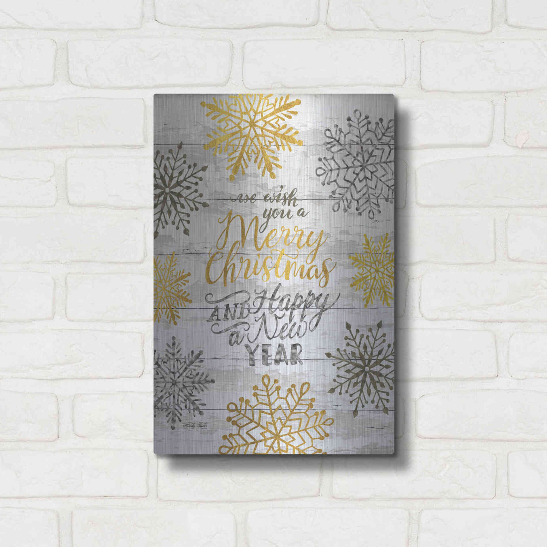 Luxe Metal Art 'Merry Christmas and Happy New Year' by Cindy Jacobs, Metal Wall Art,12x16