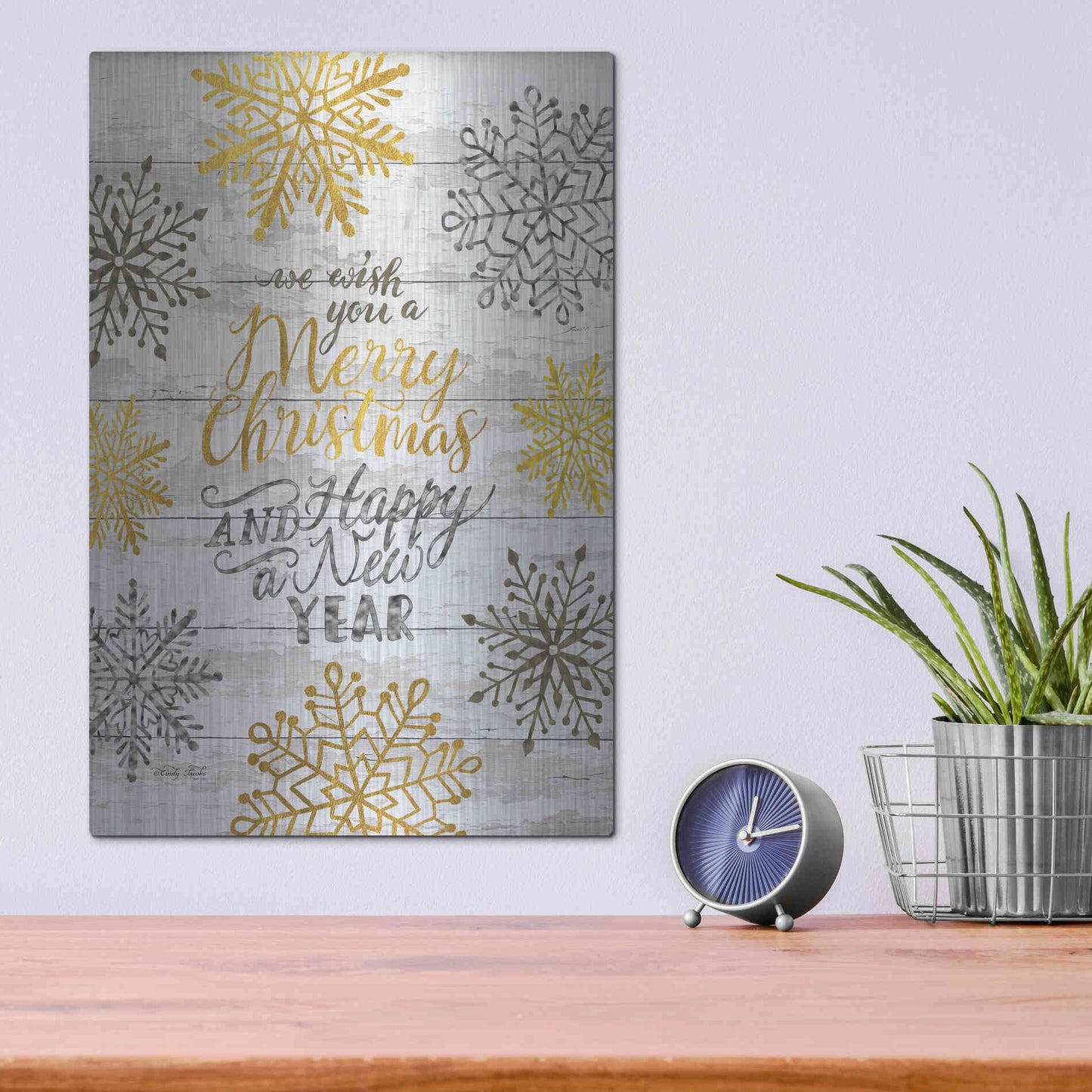 Luxe Metal Art 'Merry Christmas and Happy New Year' by Cindy Jacobs, Metal Wall Art,12x16