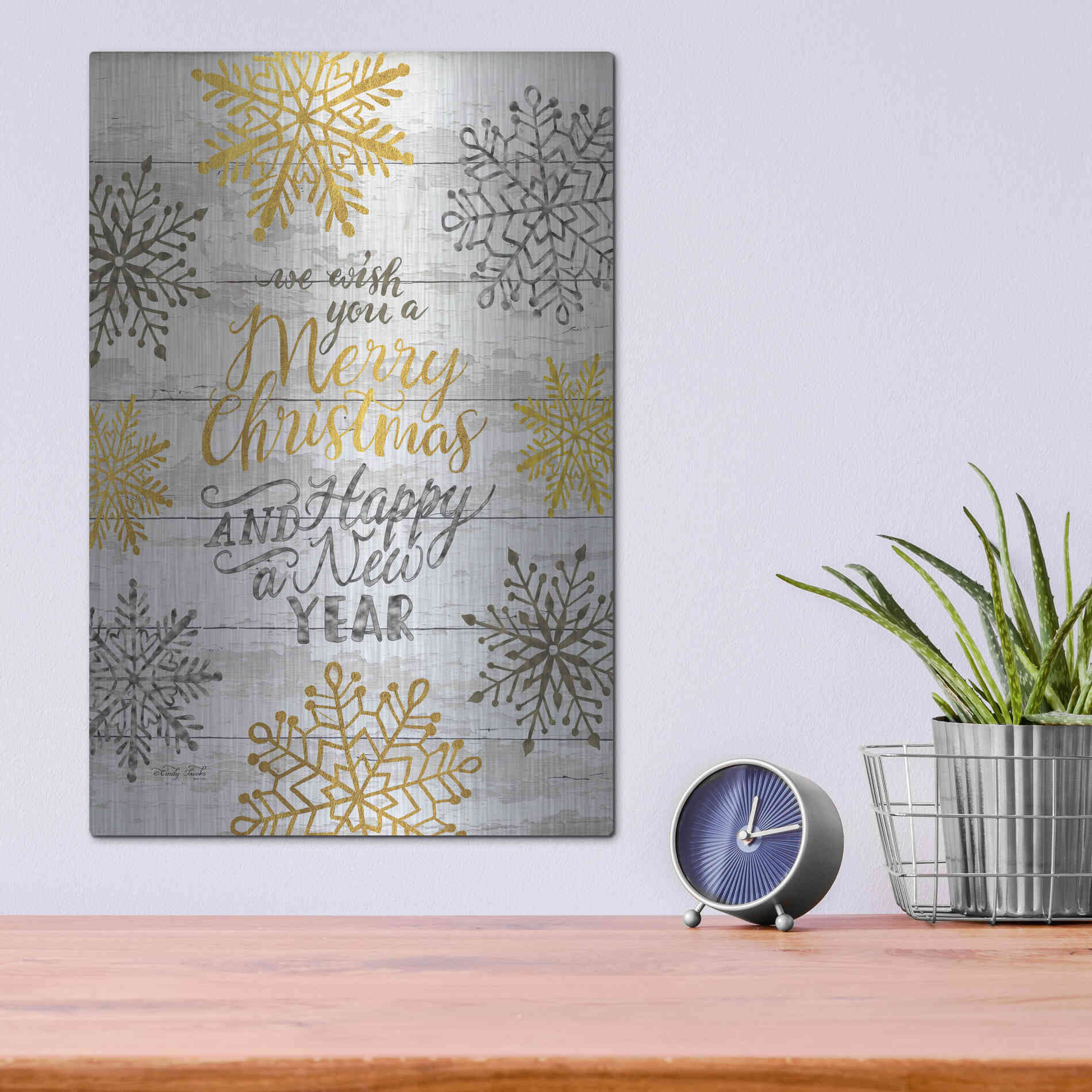 Luxe Metal Art 'Merry Christmas and Happy New Year' by Cindy Jacobs, Metal Wall Art,12x16