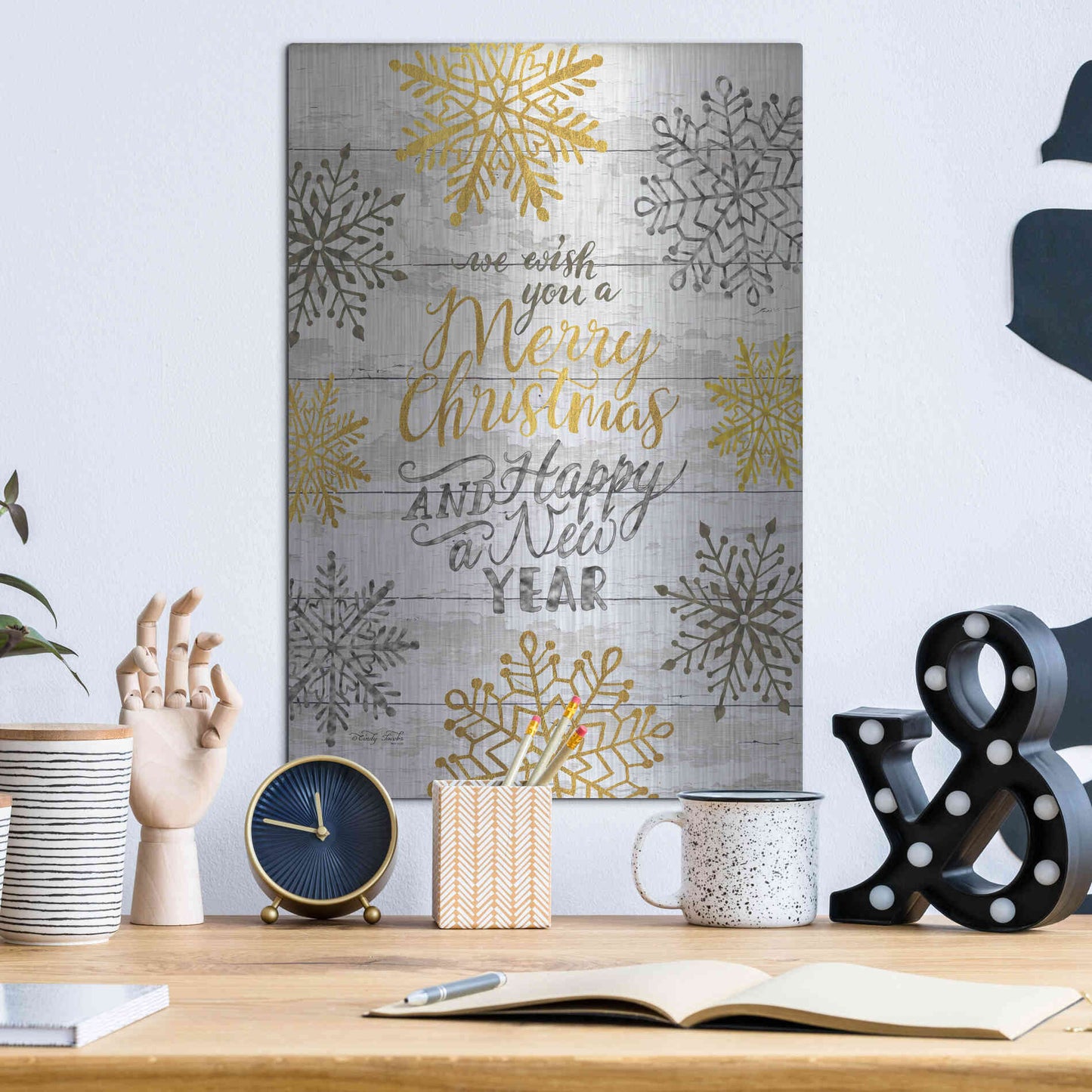 Luxe Metal Art 'Merry Christmas and Happy New Year' by Cindy Jacobs, Metal Wall Art,12x16