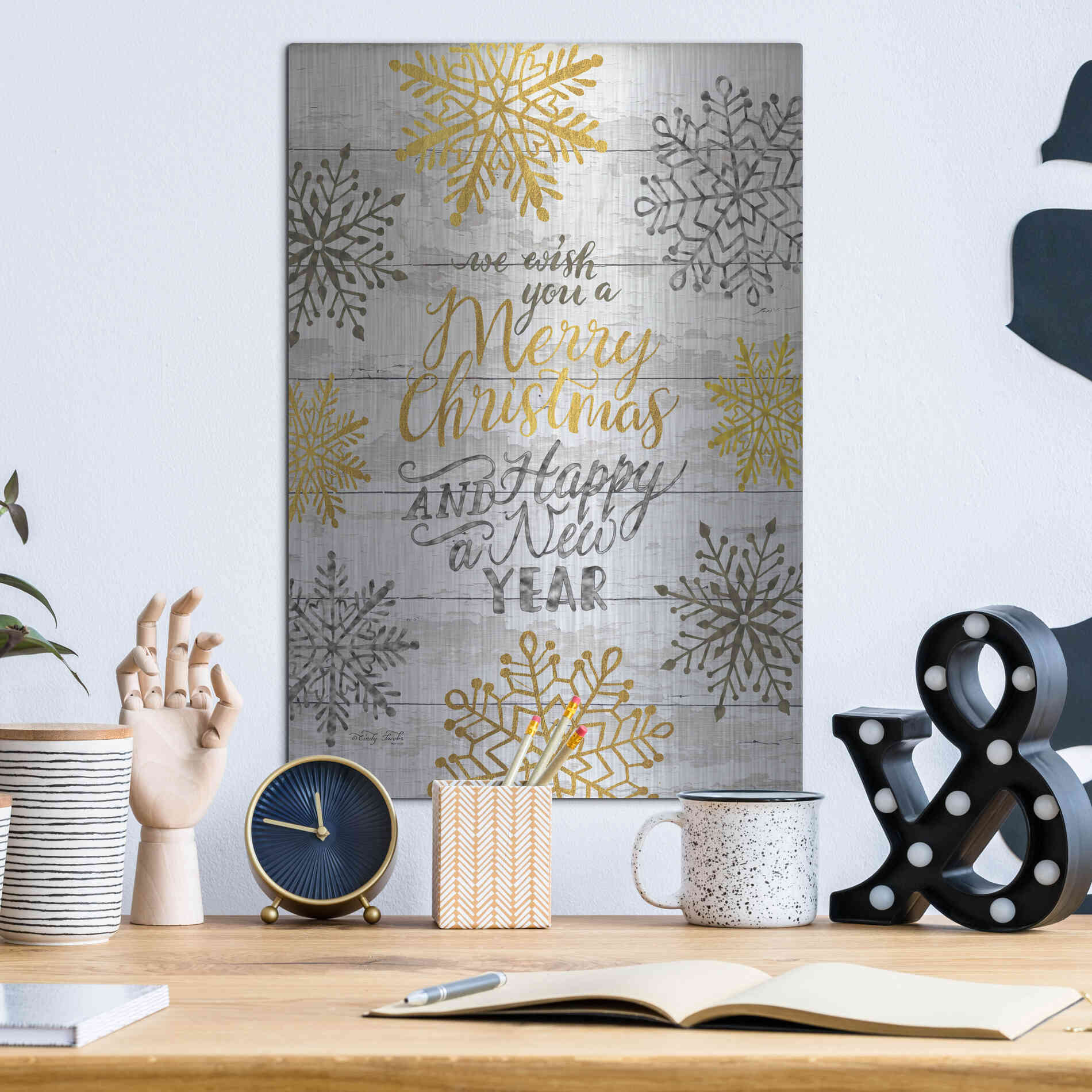 Luxe Metal Art 'Merry Christmas and Happy New Year' by Cindy Jacobs, Metal Wall Art,12x16