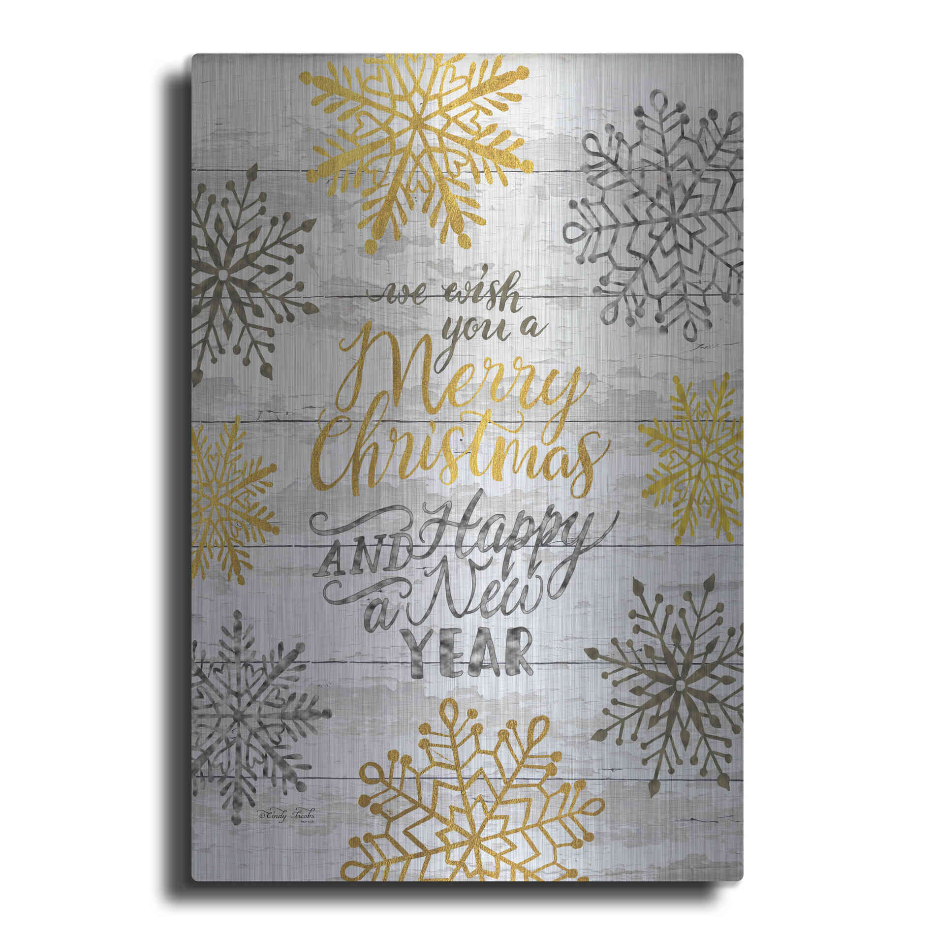 Luxe Metal Art 'Merry Christmas and Happy New Year' by Cindy Jacobs, Metal Wall Art