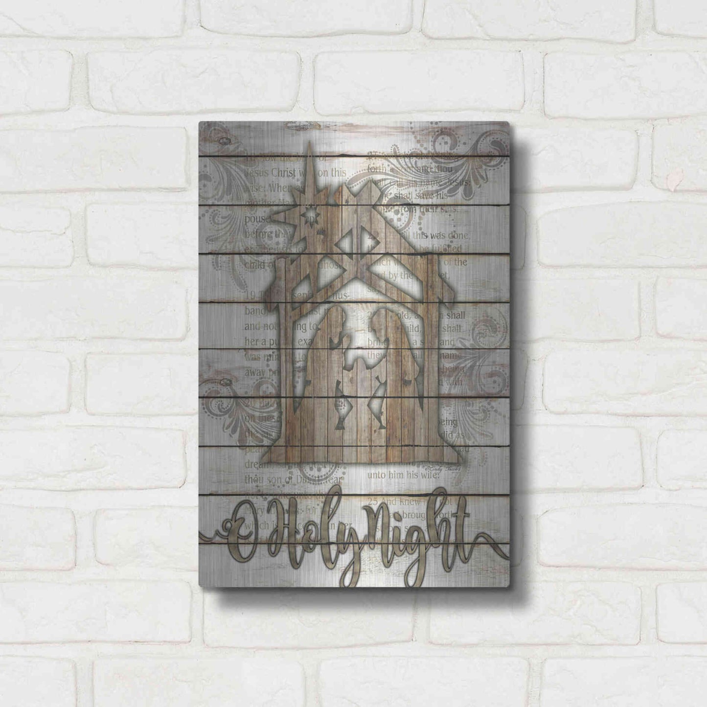 Luxe Metal Art 'O Holy Night Manger' by Cindy Jacobs, Metal Wall Art,12x16