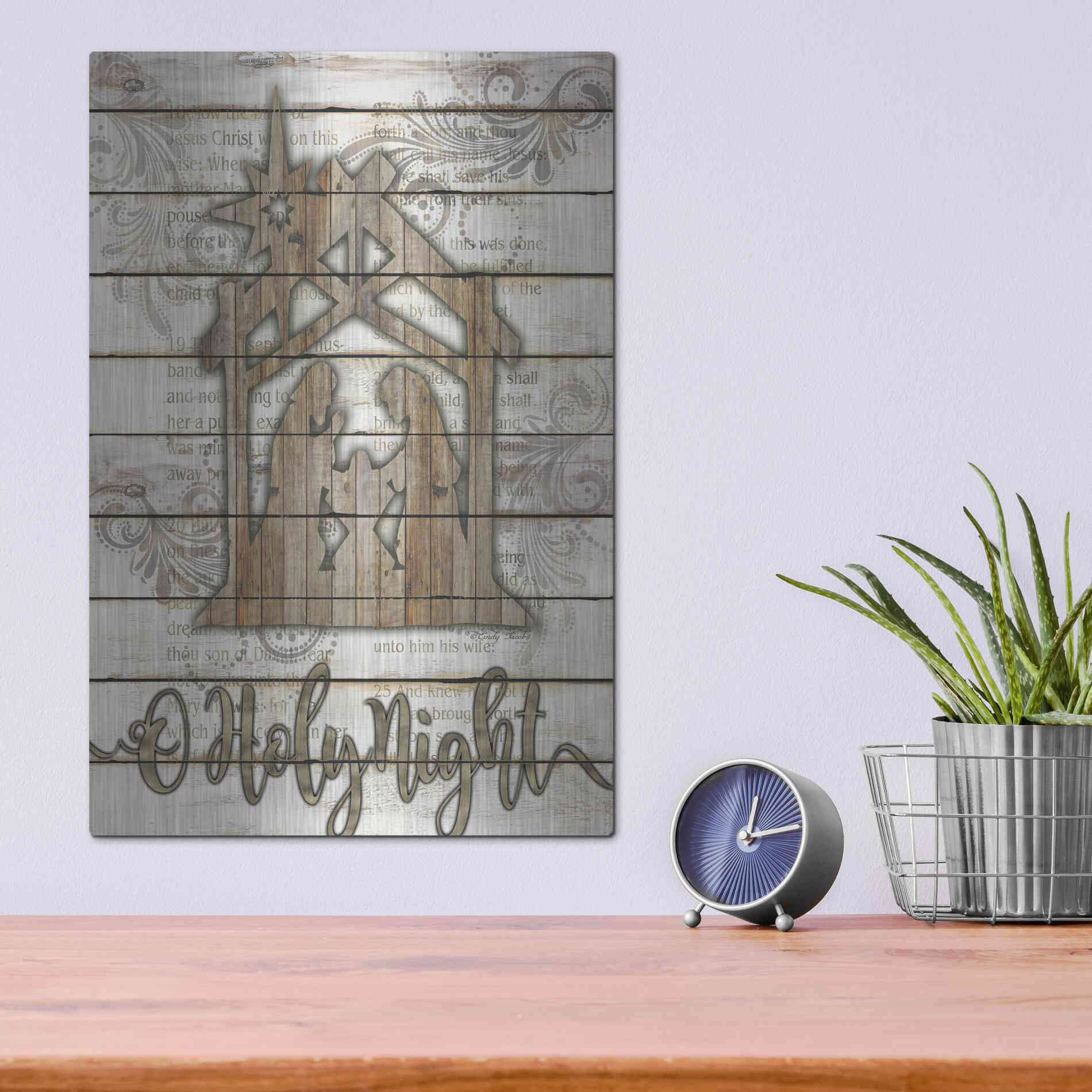 Luxe Metal Art 'O Holy Night Manger' by Cindy Jacobs, Metal Wall Art,12x16