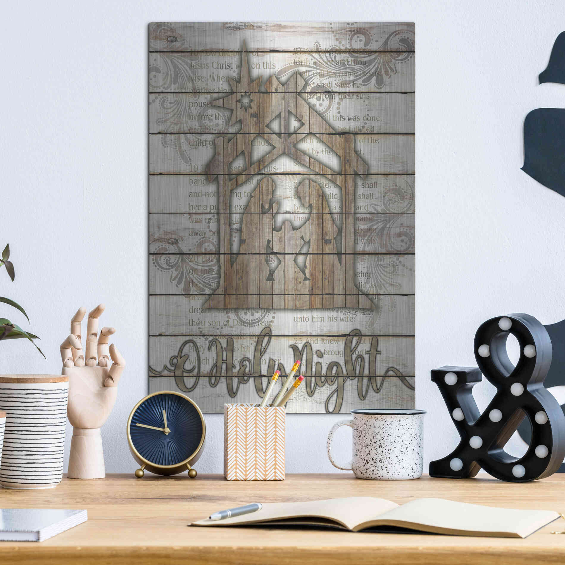 Luxe Metal Art 'O Holy Night Manger' by Cindy Jacobs, Metal Wall Art,12x16