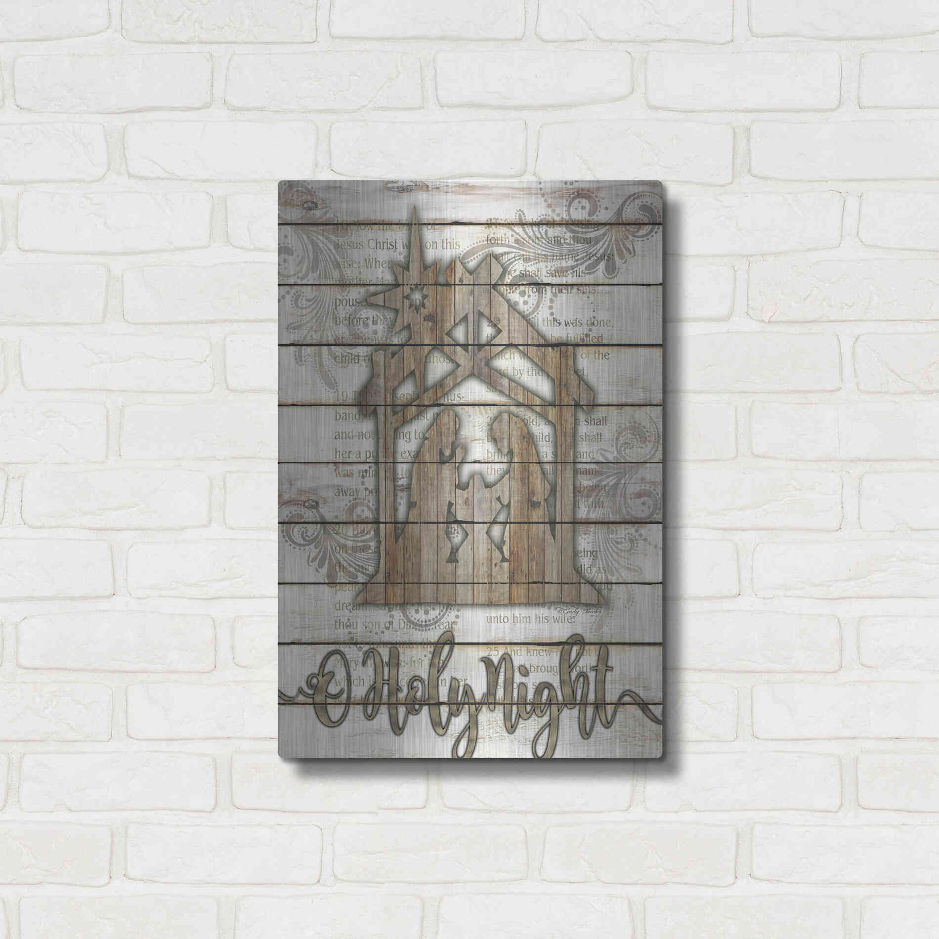 Luxe Metal Art 'O Holy Night Manger' by Cindy Jacobs, Metal Wall Art,16x24