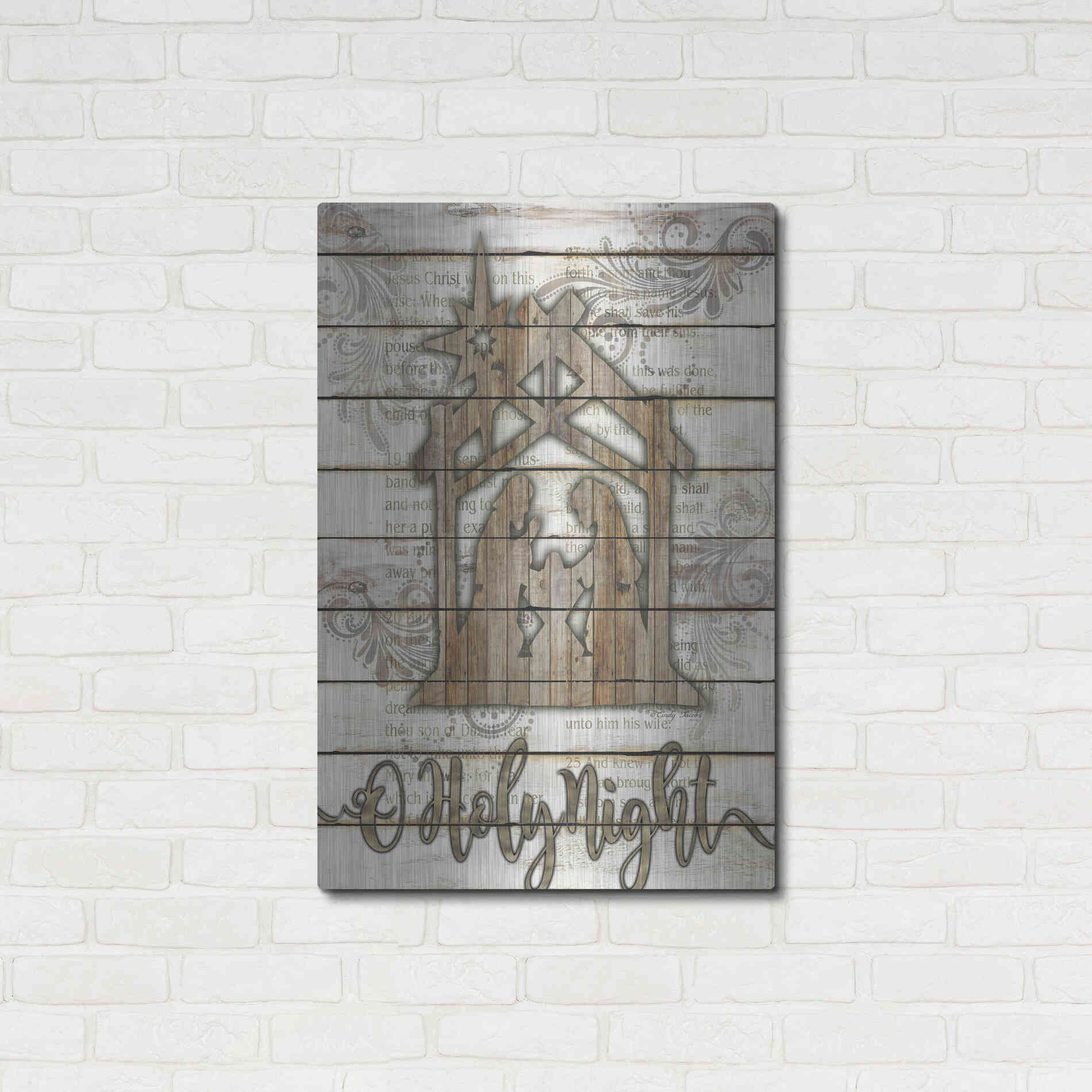 Luxe Metal Art 'O Holy Night Manger' by Cindy Jacobs, Metal Wall Art,24x36