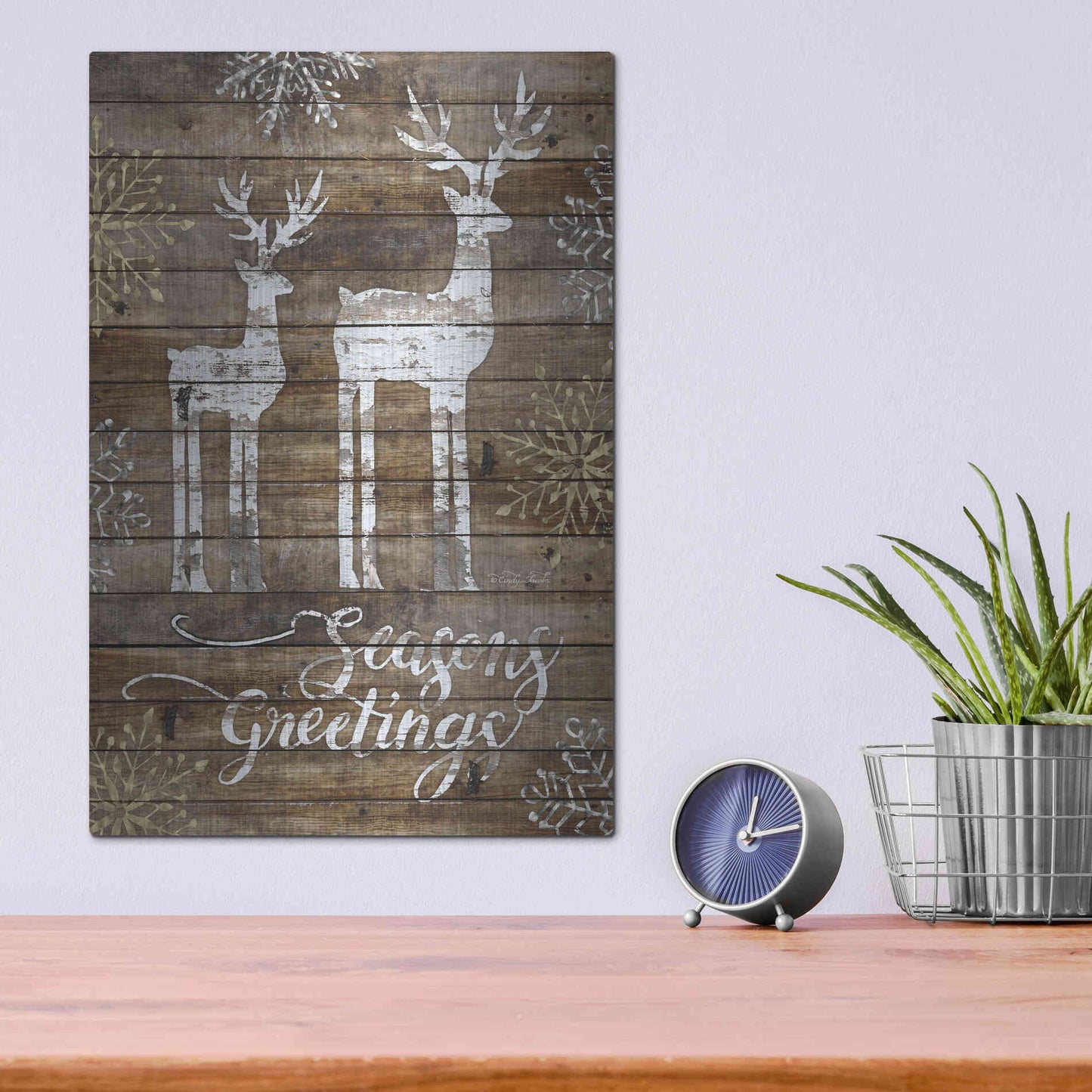 Luxe Metal Art 'Season's Greetings Deer' by Cindy Jacobs, Metal Wall Art,12x16