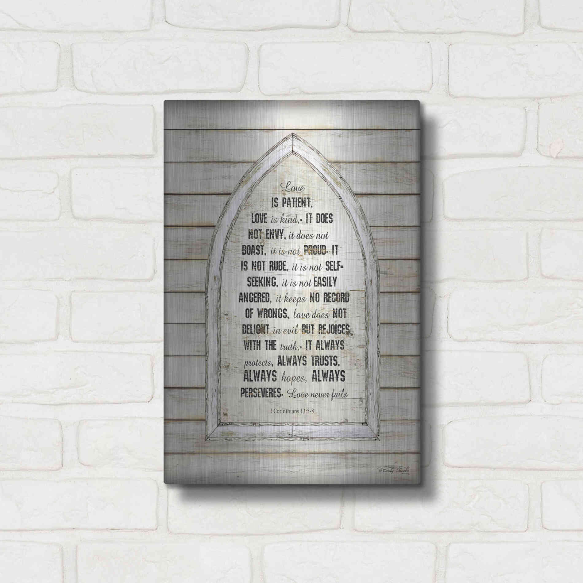 Luxe Metal Art 'Love is Patient Verse Arch' by Cindy Jacobs, Metal Wall Art,12x16