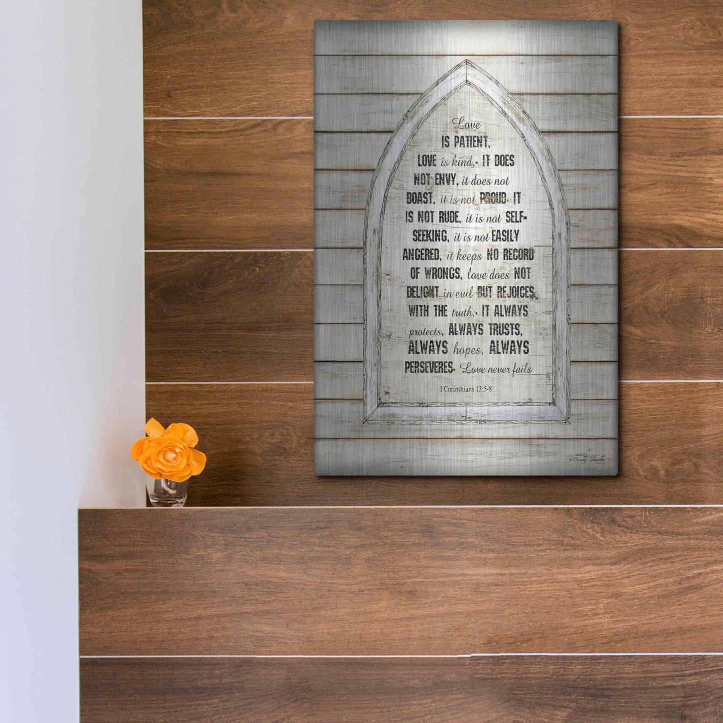 Luxe Metal Art 'Love is Patient Verse Arch' by Cindy Jacobs, Metal Wall Art,12x16
