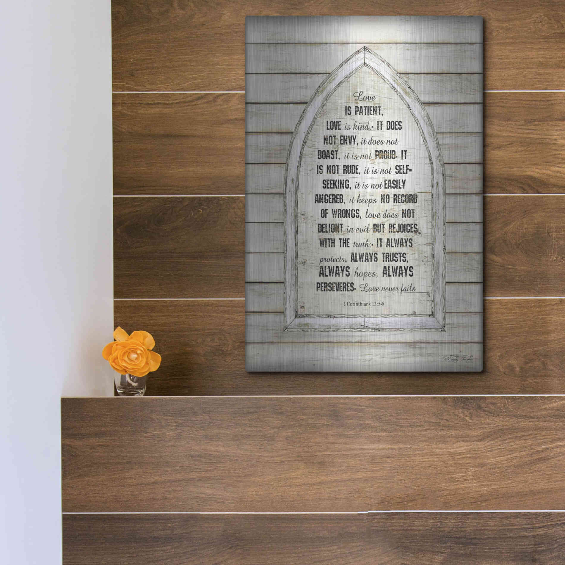 Luxe Metal Art 'Love is Patient Verse Arch' by Cindy Jacobs, Metal Wall Art,12x16