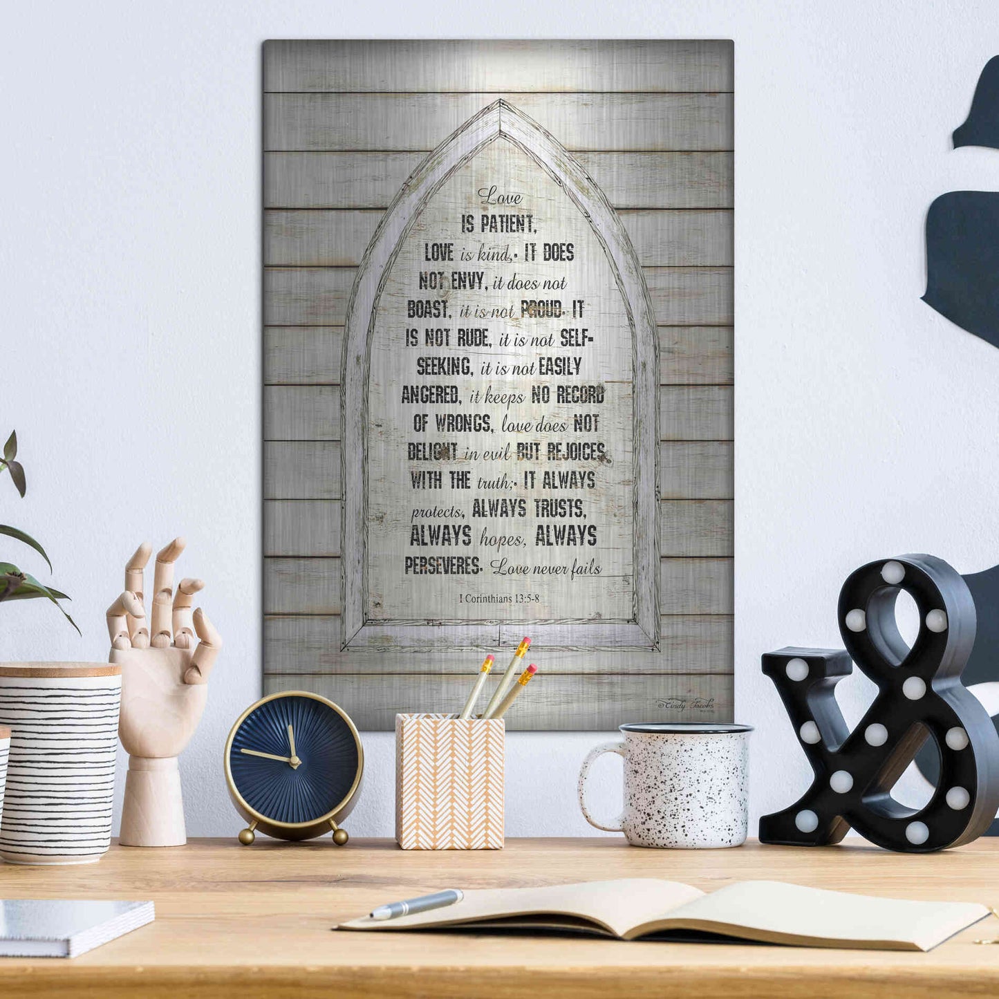 Luxe Metal Art 'Love is Patient Verse Arch' by Cindy Jacobs, Metal Wall Art,12x16