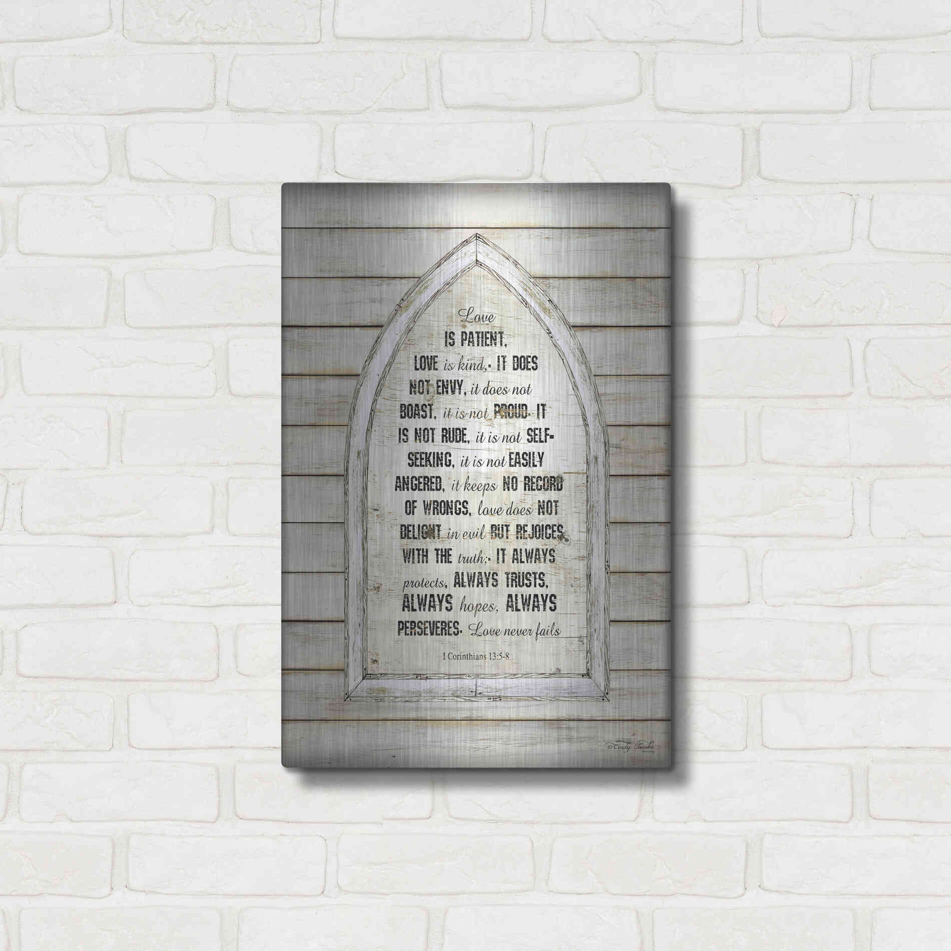 Luxe Metal Art 'Love is Patient Verse Arch' by Cindy Jacobs, Metal Wall Art,16x24